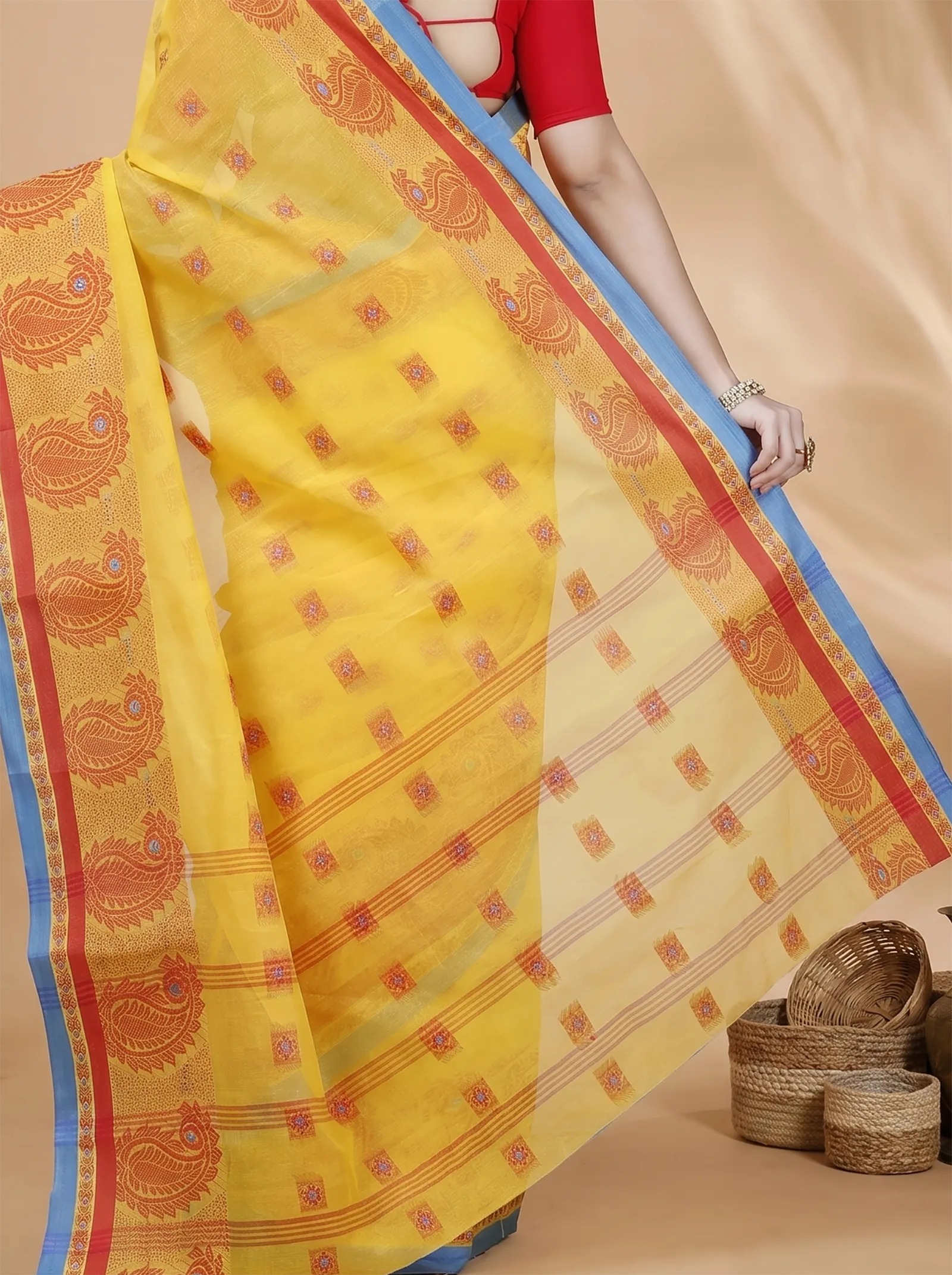 DipDiya Pure Cotton  Artisan Crafted Yellow Traditional Bengali Aloka Tant Saree