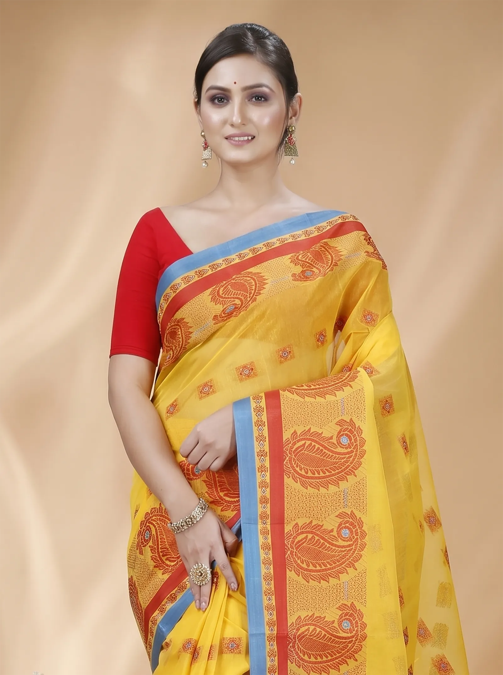 DipDiya Pure Cotton  Artisan Crafted Yellow Traditional Bengali Aloka Tant Saree
