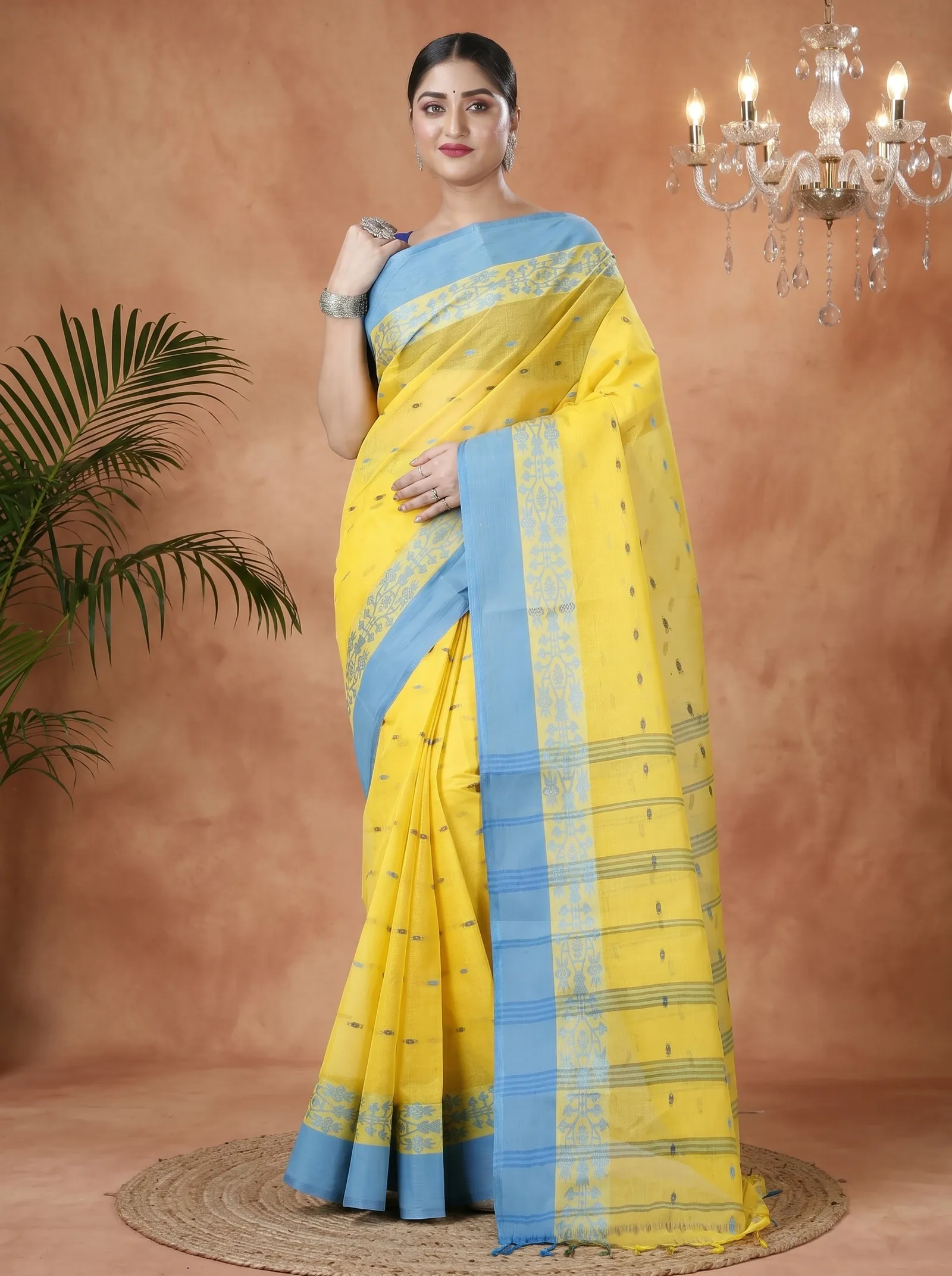 DipDiya Pure Cotton  Artisan Crafted Yellow Traditional Bengali Apurva Tant Saree