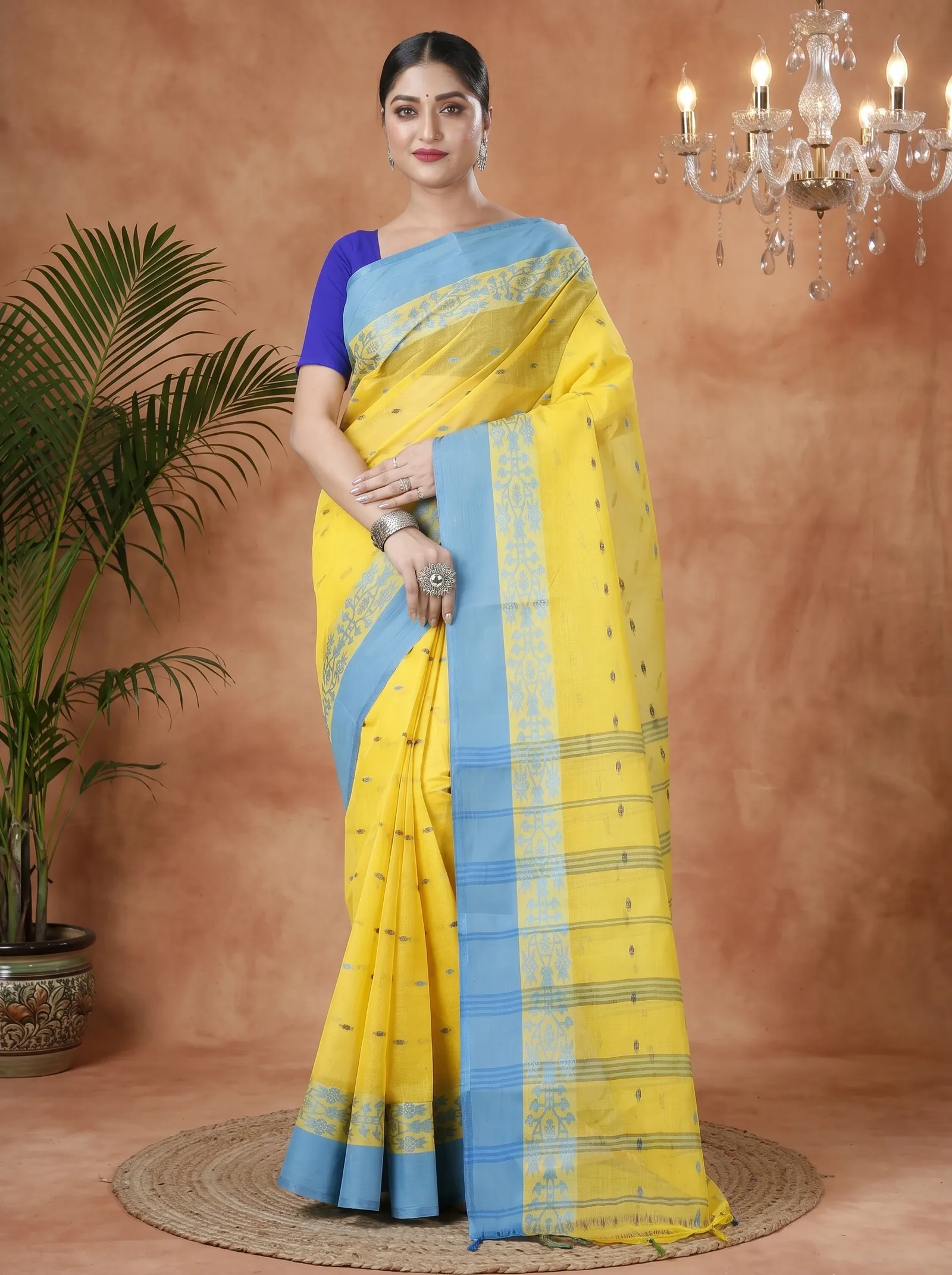 DipDiya Pure Cotton  Artisan Crafted Yellow Traditional Bengali Apurva Tant Saree