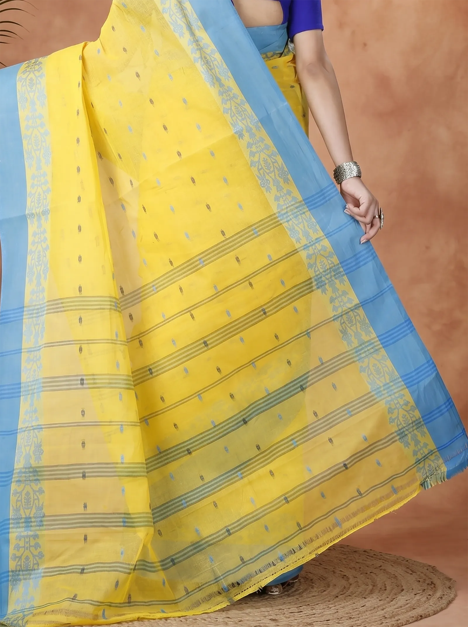DipDiya Pure Cotton  Artisan Crafted Yellow Traditional Bengali Apurva Tant Saree