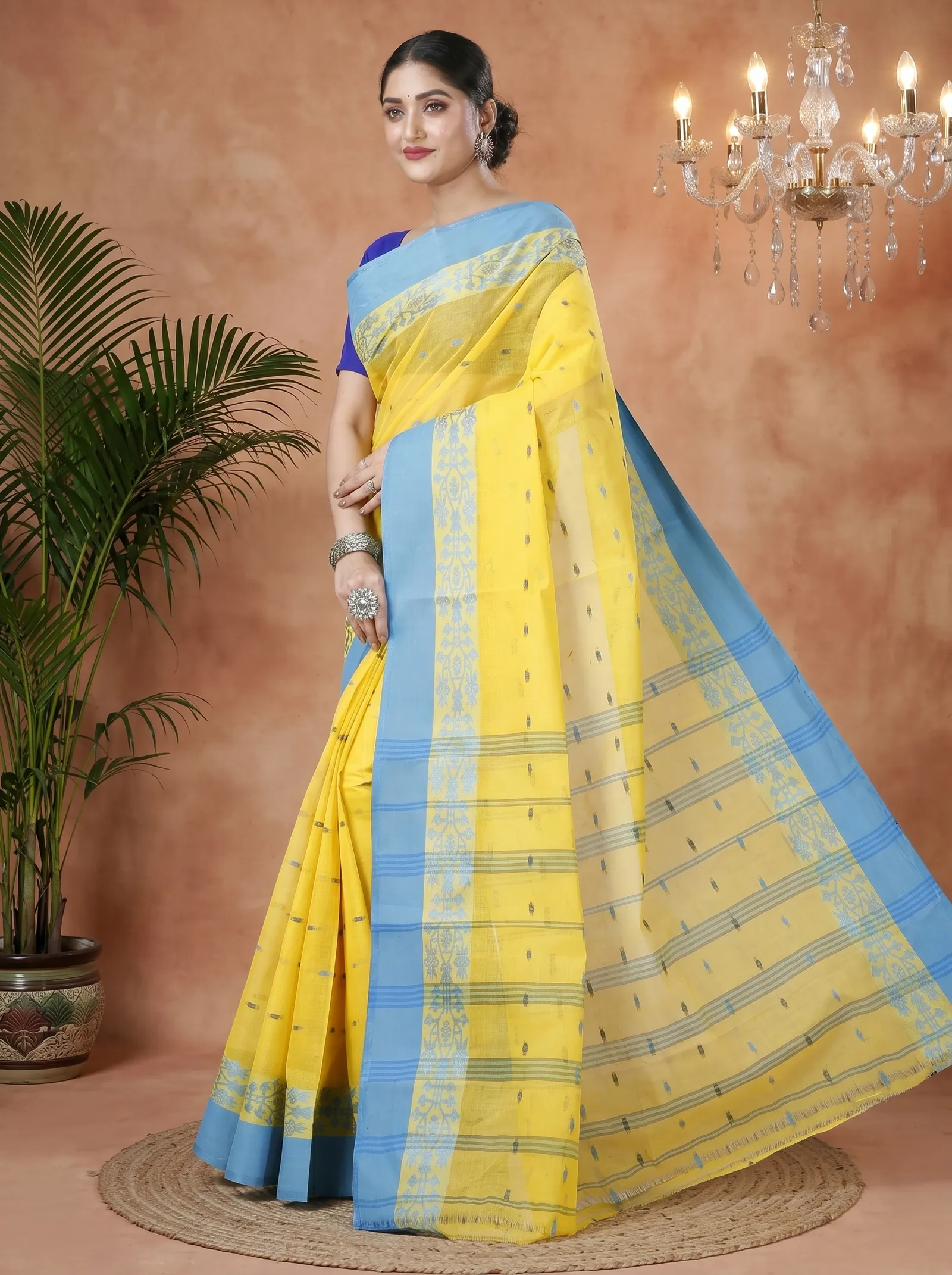 DipDiya Pure Cotton  Artisan Crafted Yellow Traditional Bengali Apurva Tant Saree