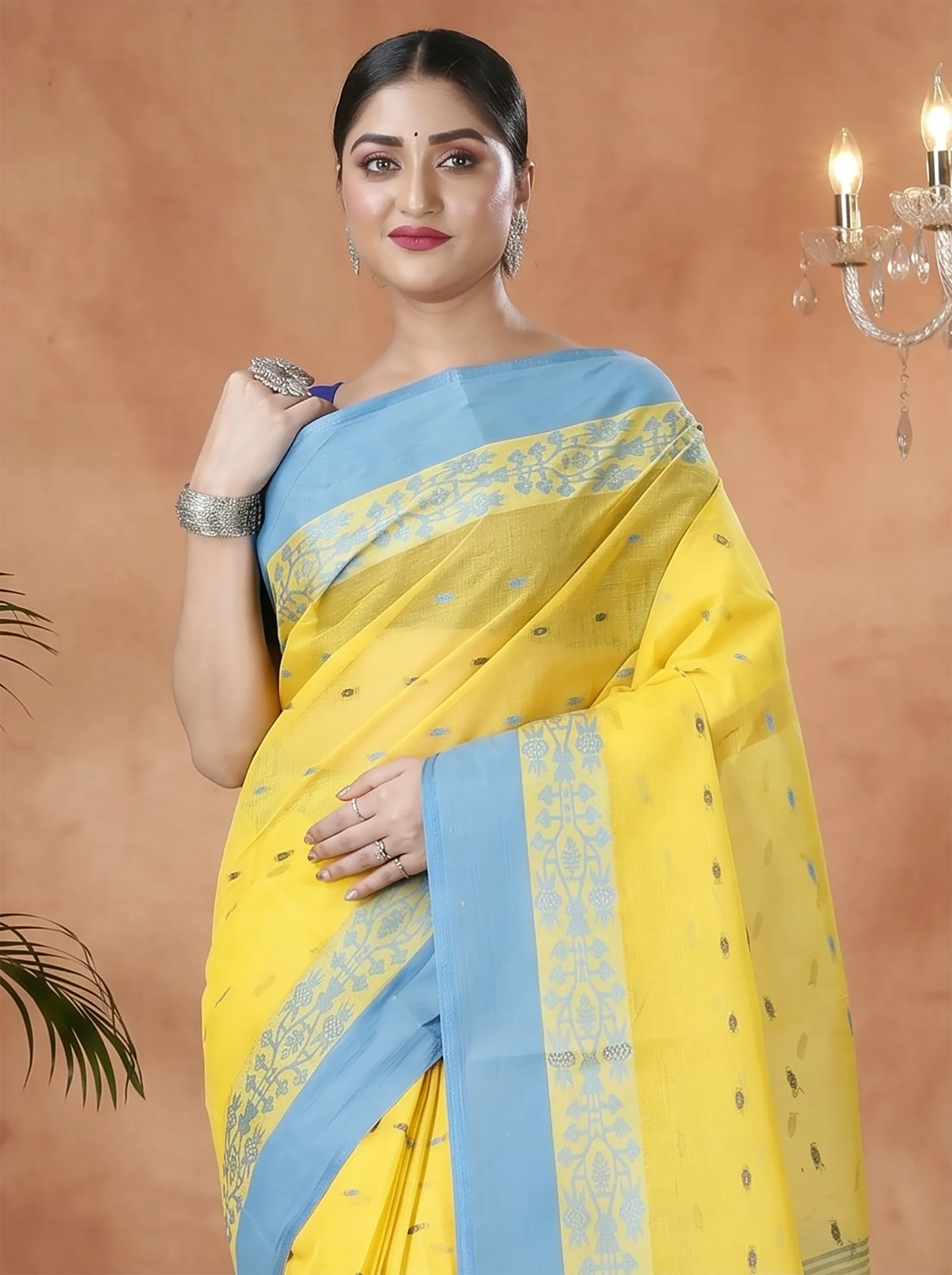 DipDiya Pure Cotton  Artisan Crafted Yellow Traditional Bengali Apurva Tant Saree