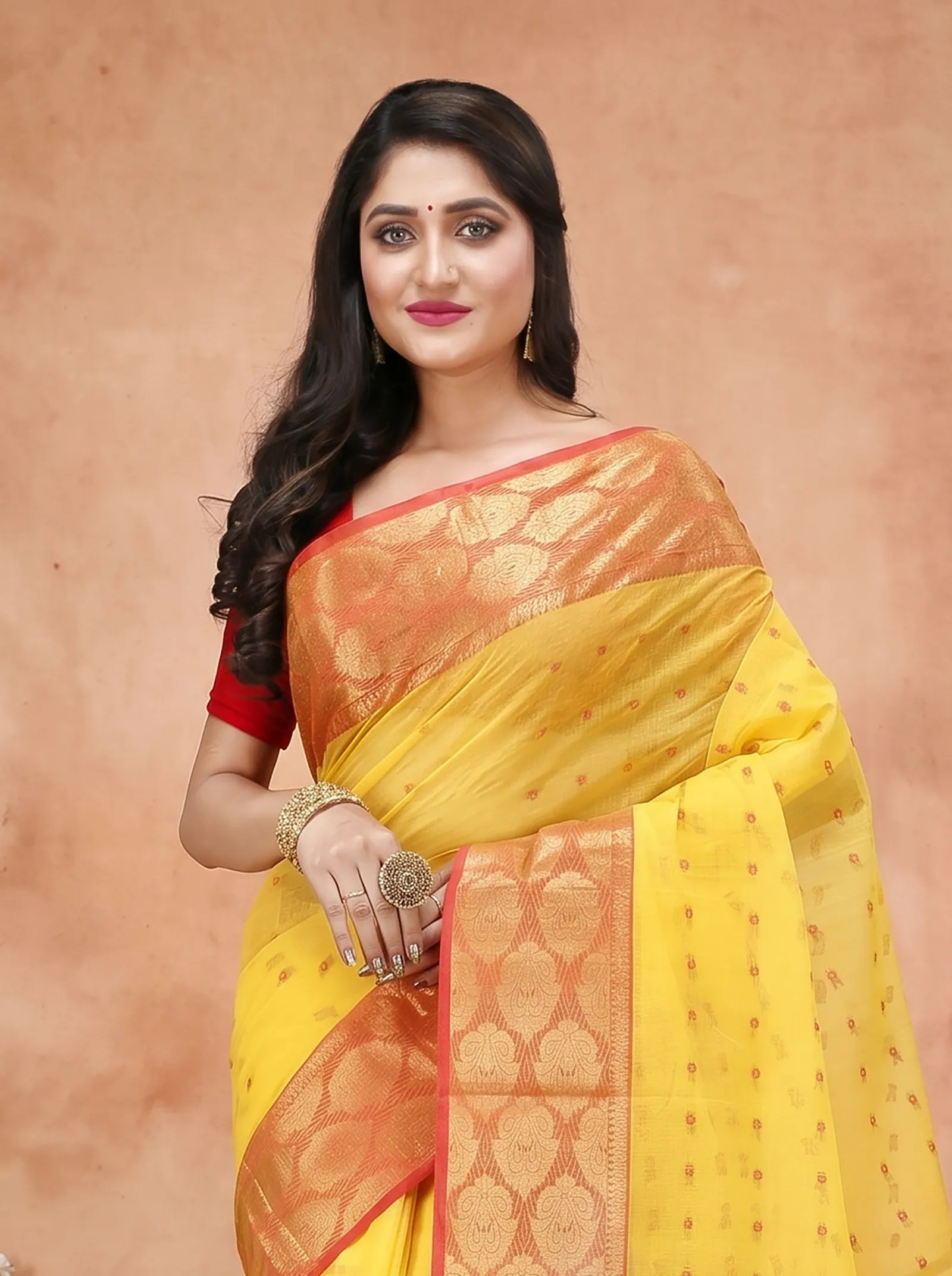 DipDiya Pure Cotton  Artisan Crafted Yellow Traditional Bengali Asmani Tant Saree