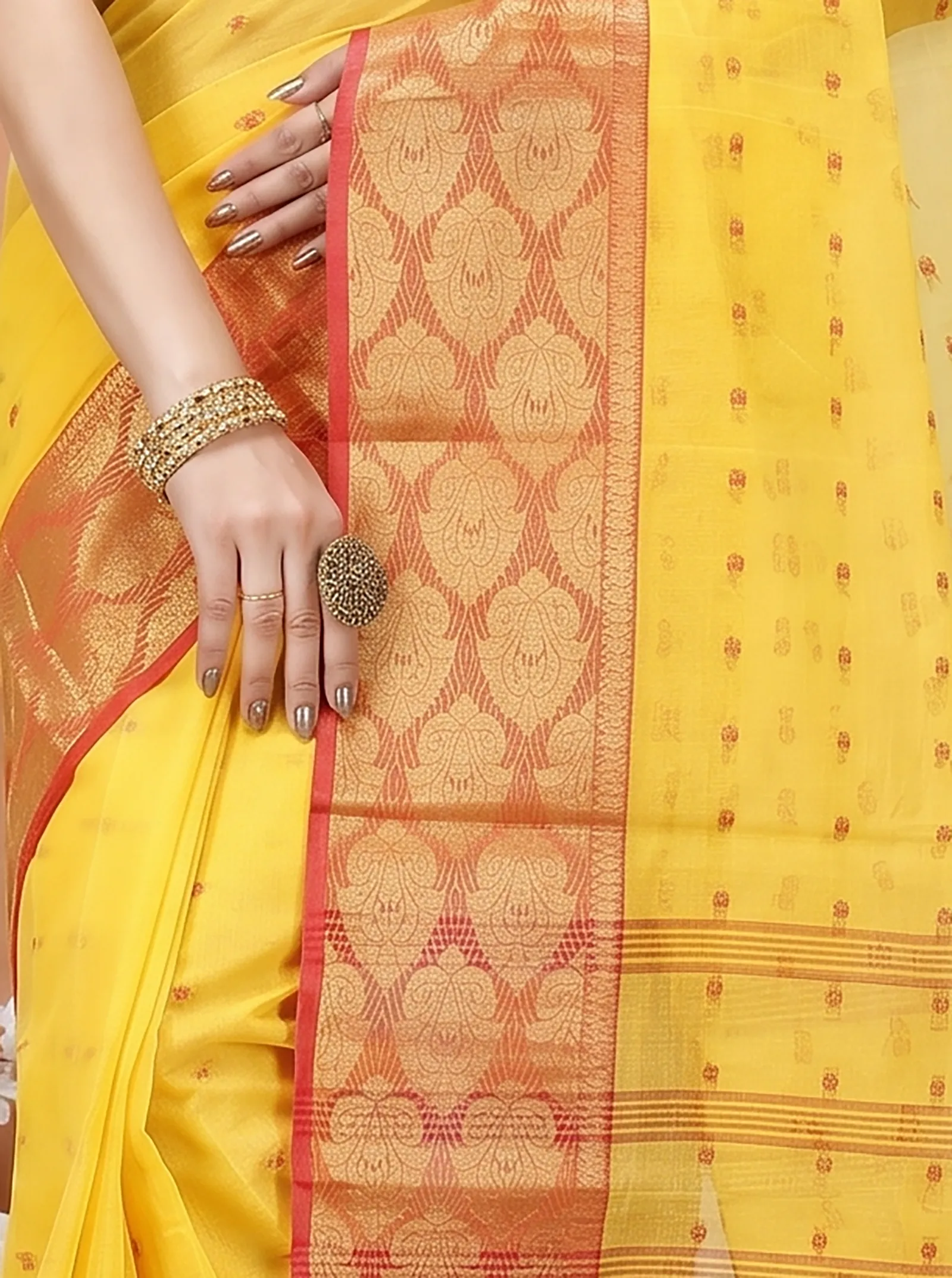 DipDiya Pure Cotton  Artisan Crafted Yellow Traditional Bengali Asmani Tant Saree
