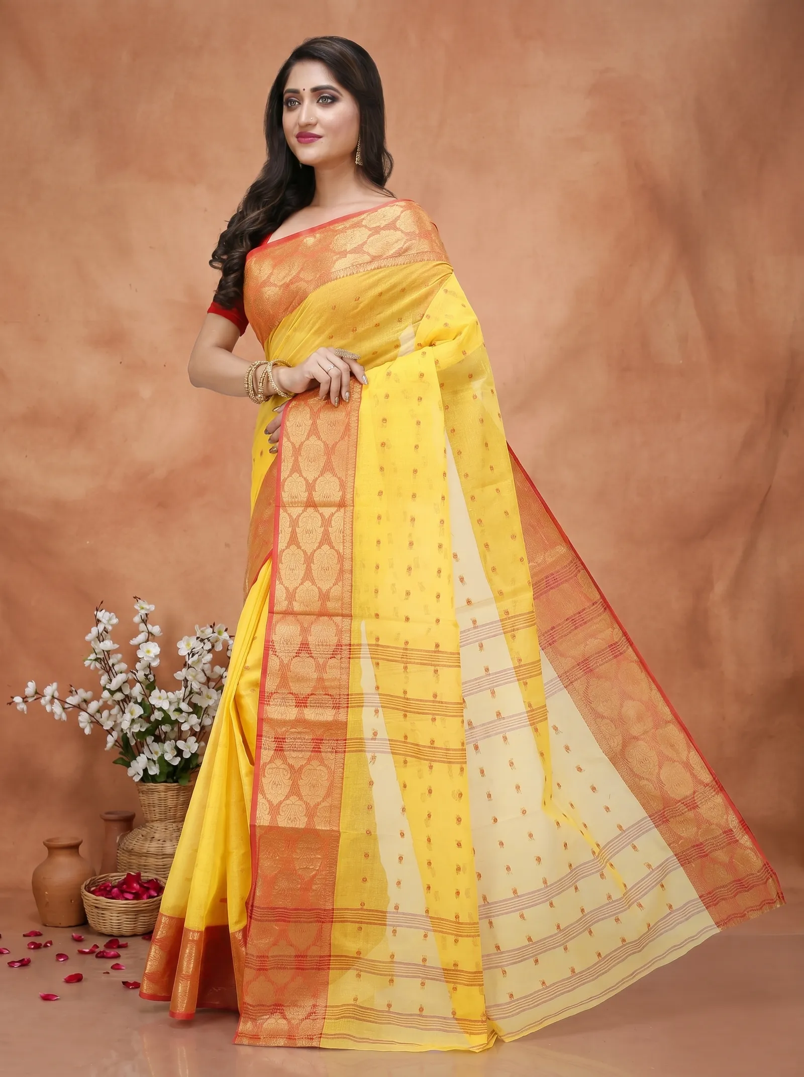 DipDiya Pure Cotton  Artisan Crafted Yellow Traditional Bengali Asmani Tant Saree
