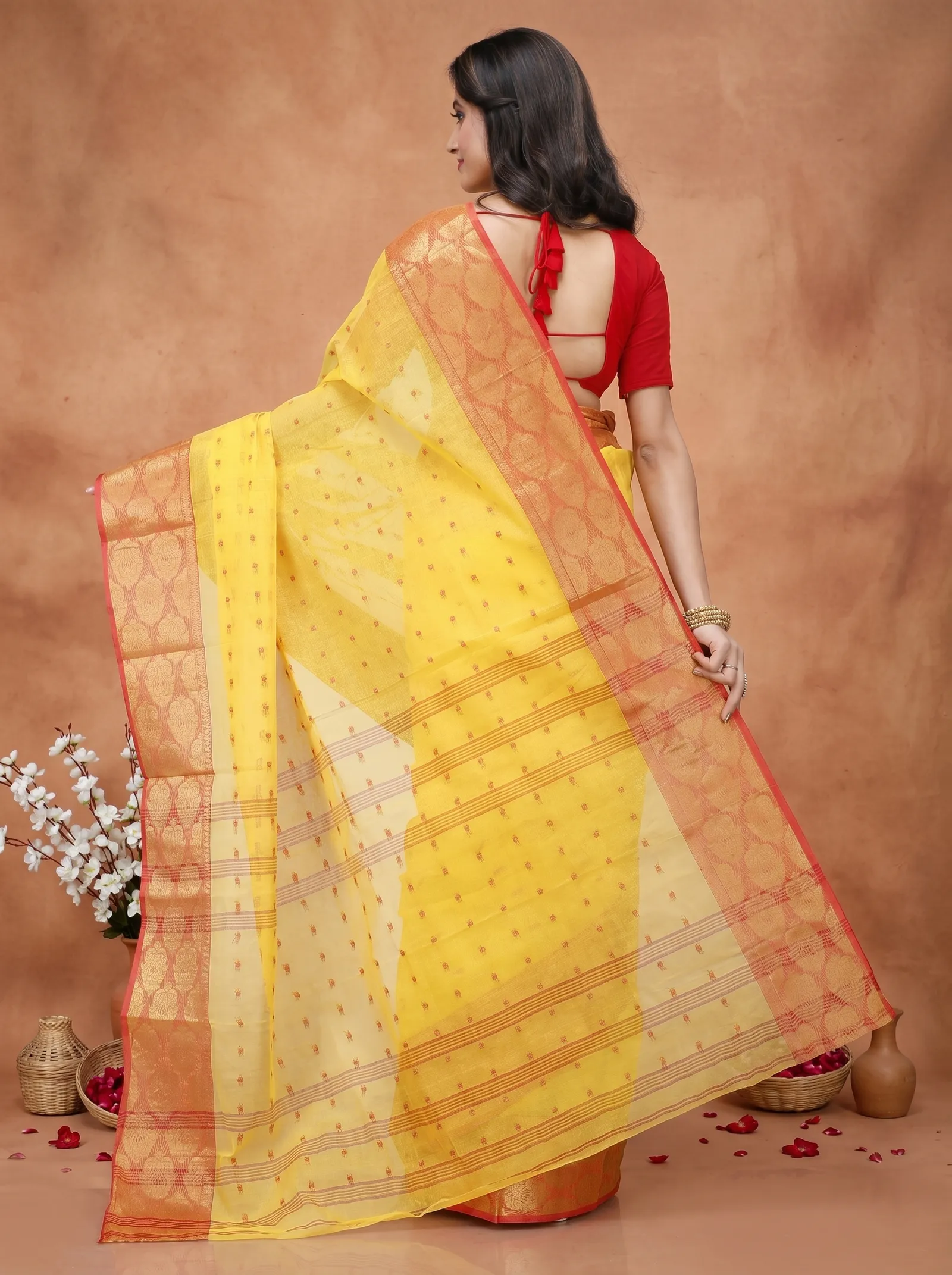 DipDiya Pure Cotton  Artisan Crafted Yellow Traditional Bengali Asmani Tant Saree