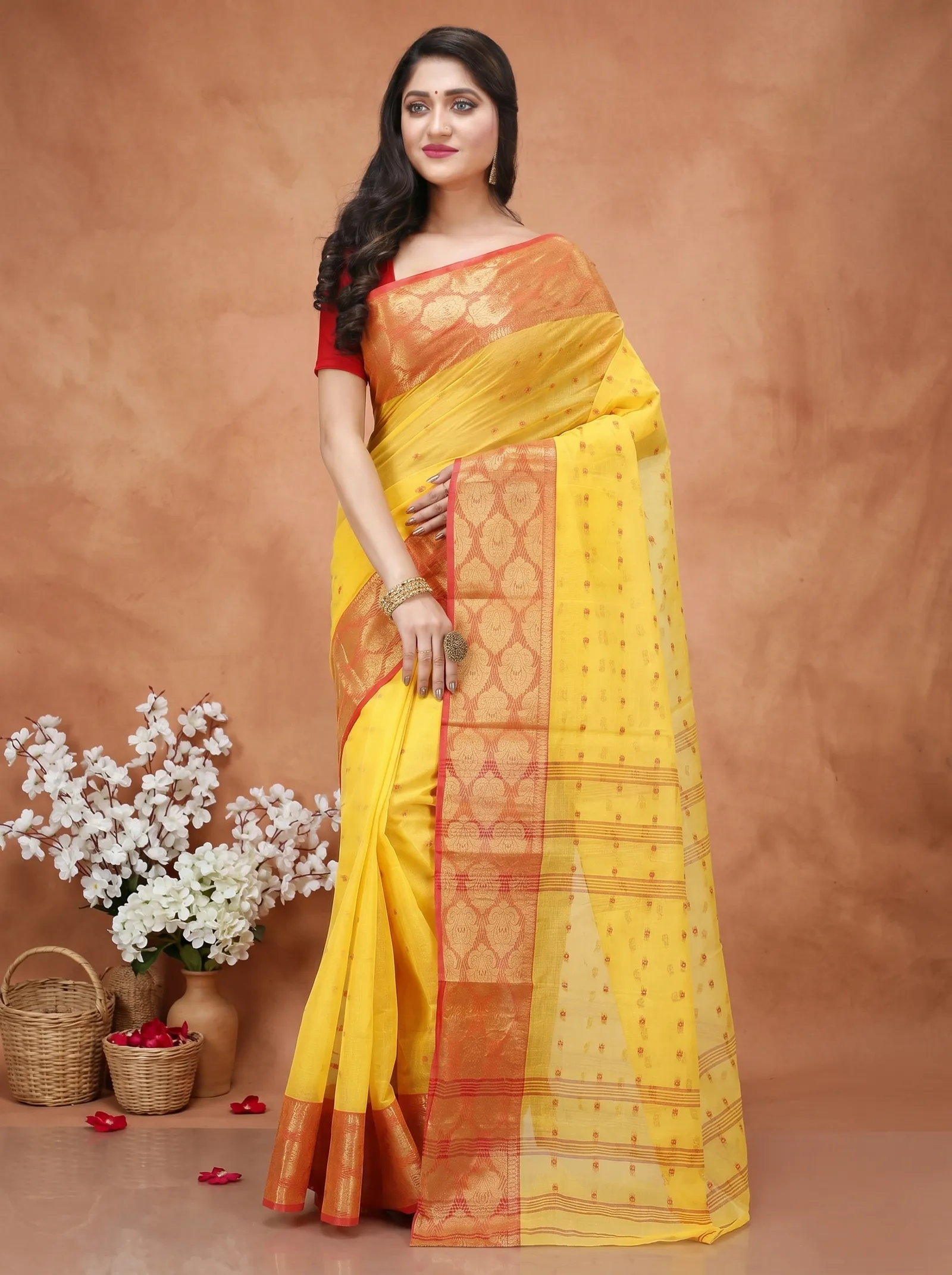 DipDiya Pure Cotton  Artisan Crafted Yellow Traditional Bengali Asmani Tant Saree