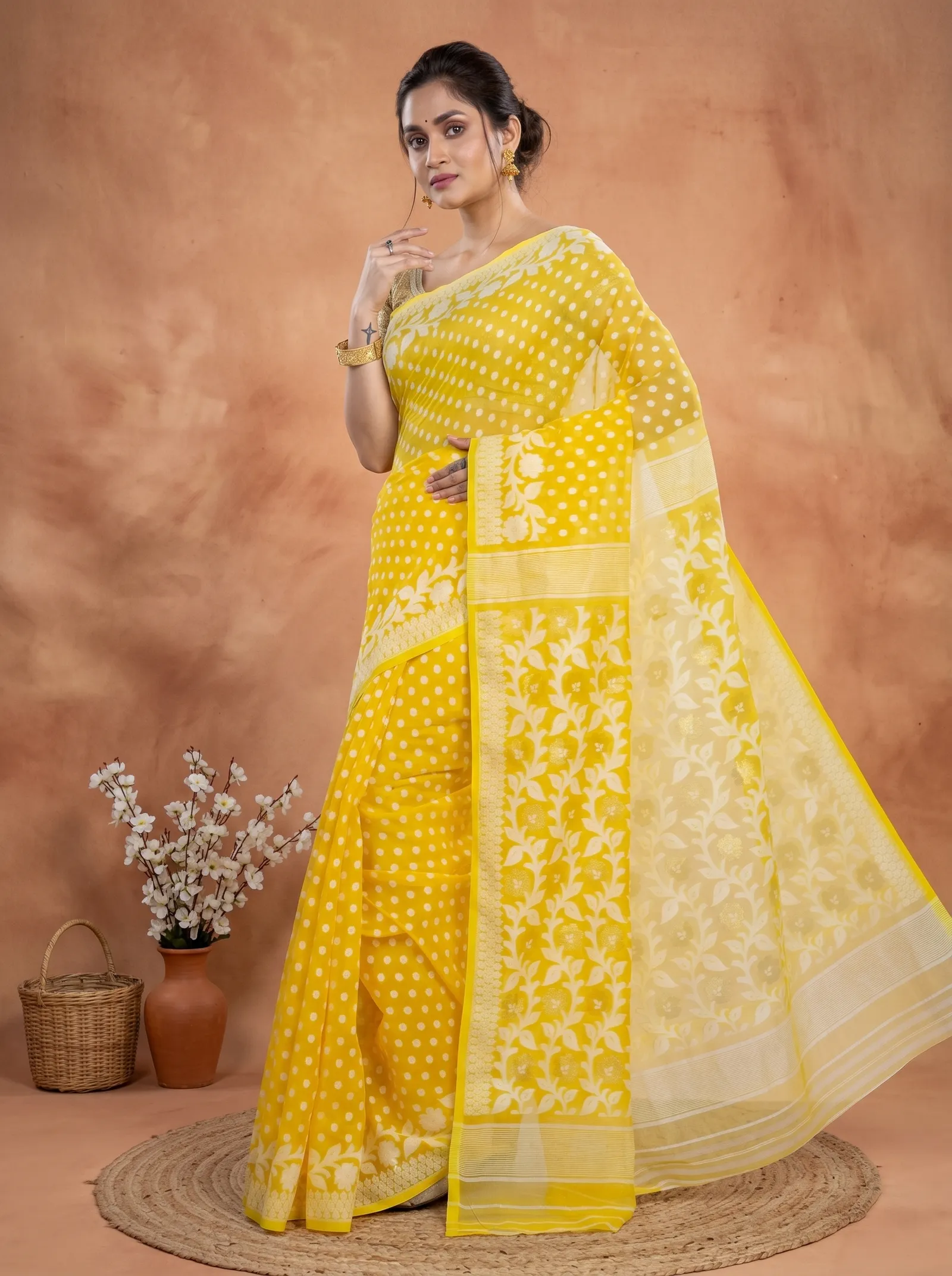 DipDiya Pure Cotton  Artisan Crafted Yellow Traditional Bengali Boll Jamdani Jamdani Saree