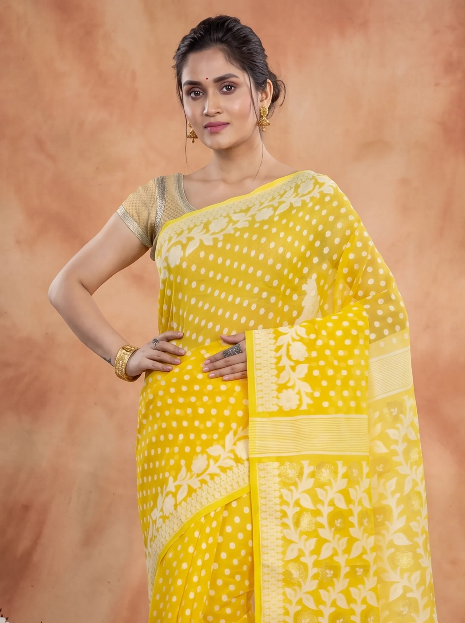 DipDiya Pure Cotton  Artisan Crafted Yellow Traditional Bengali Boll Jamdani Jamdani Saree