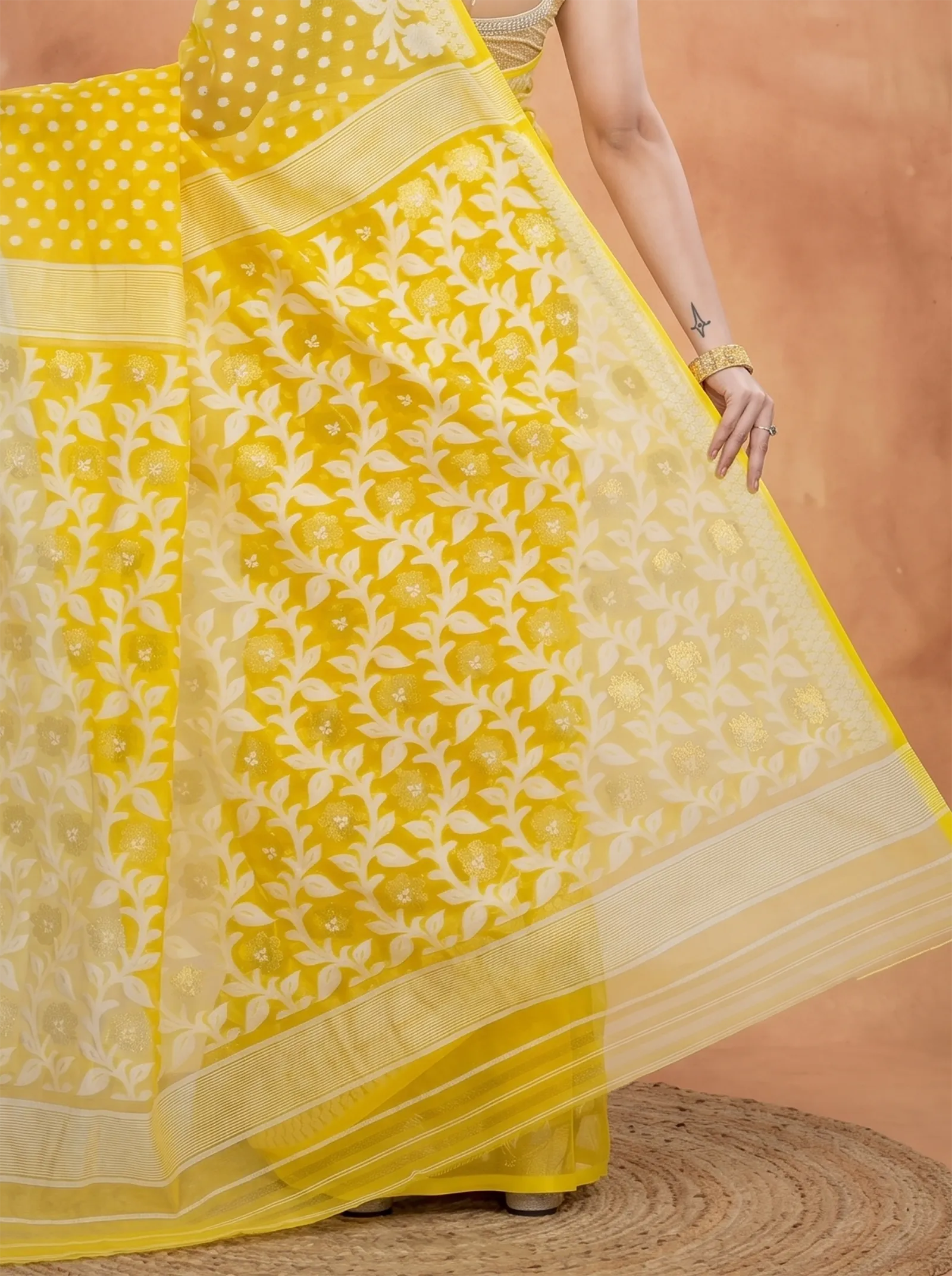 DipDiya Pure Cotton  Artisan Crafted Yellow Traditional Bengali Boll Jamdani Jamdani Saree