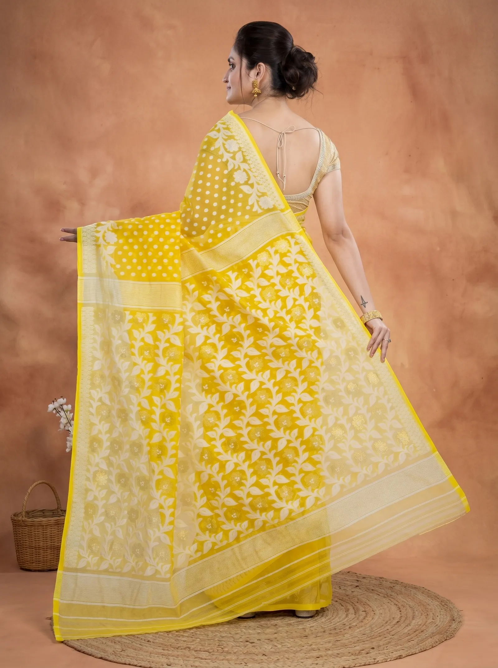 DipDiya Pure Cotton  Artisan Crafted Yellow Traditional Bengali Boll Jamdani Jamdani Saree