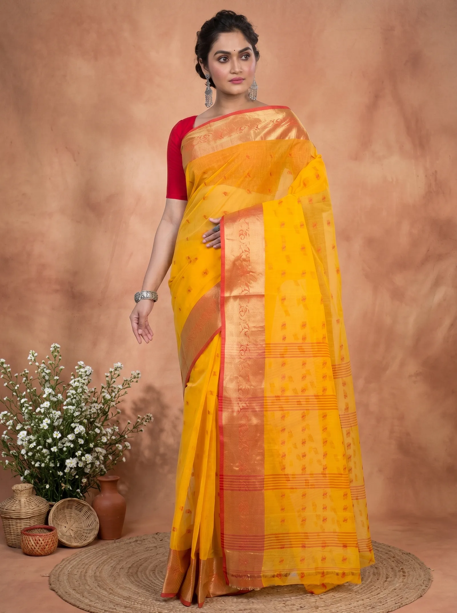 DipDiya Pure Cotton  Artisan Crafted Yellow Traditional Bengali Churi Par Tant Saree