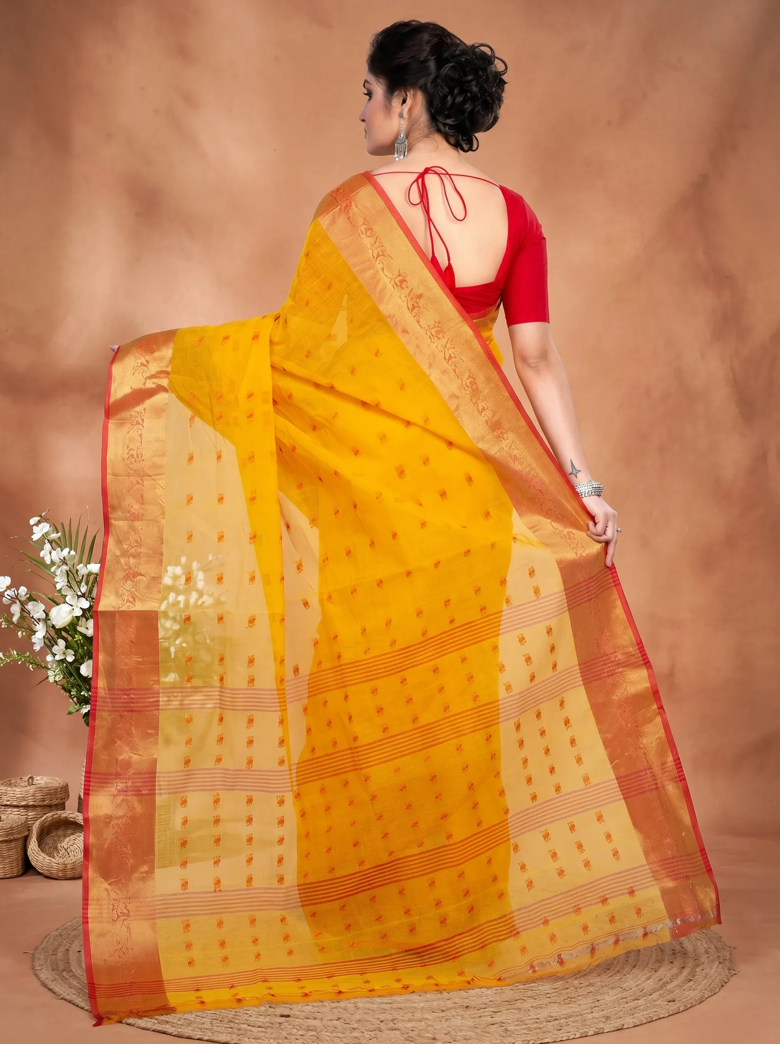 DipDiya Pure Cotton  Artisan Crafted Yellow Traditional Bengali Churi Par Tant Saree