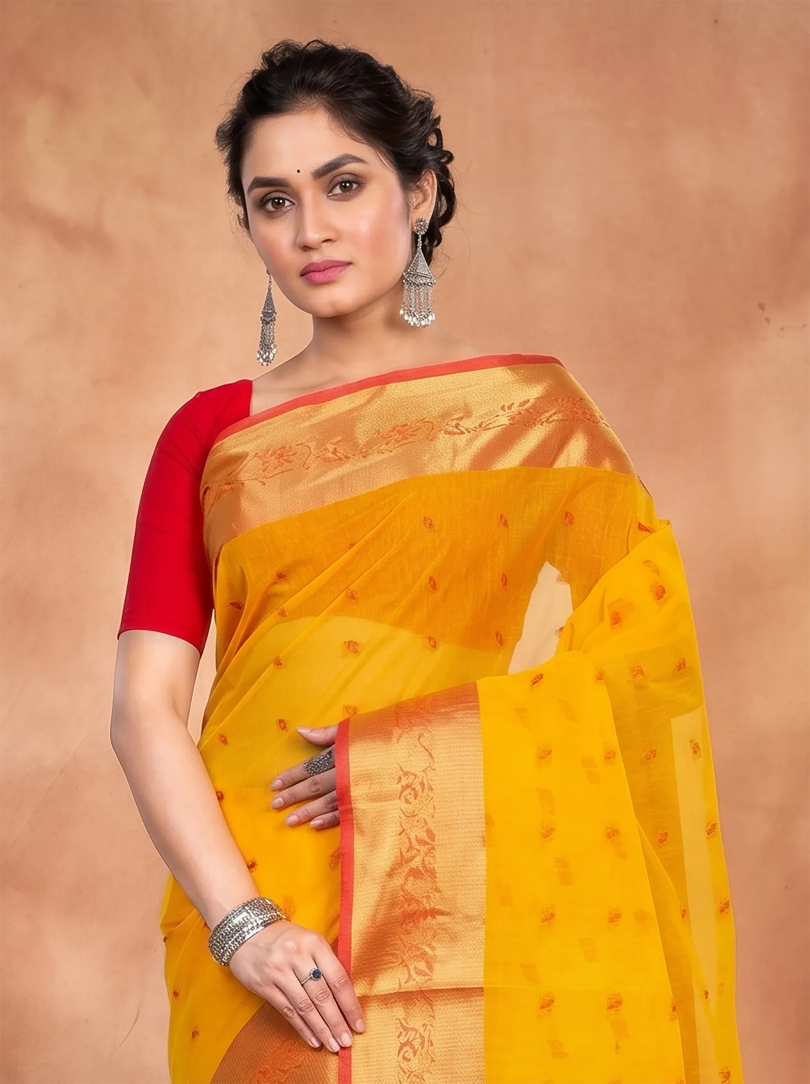 DipDiya Pure Cotton  Artisan Crafted Yellow Traditional Bengali Churi Par Tant Saree