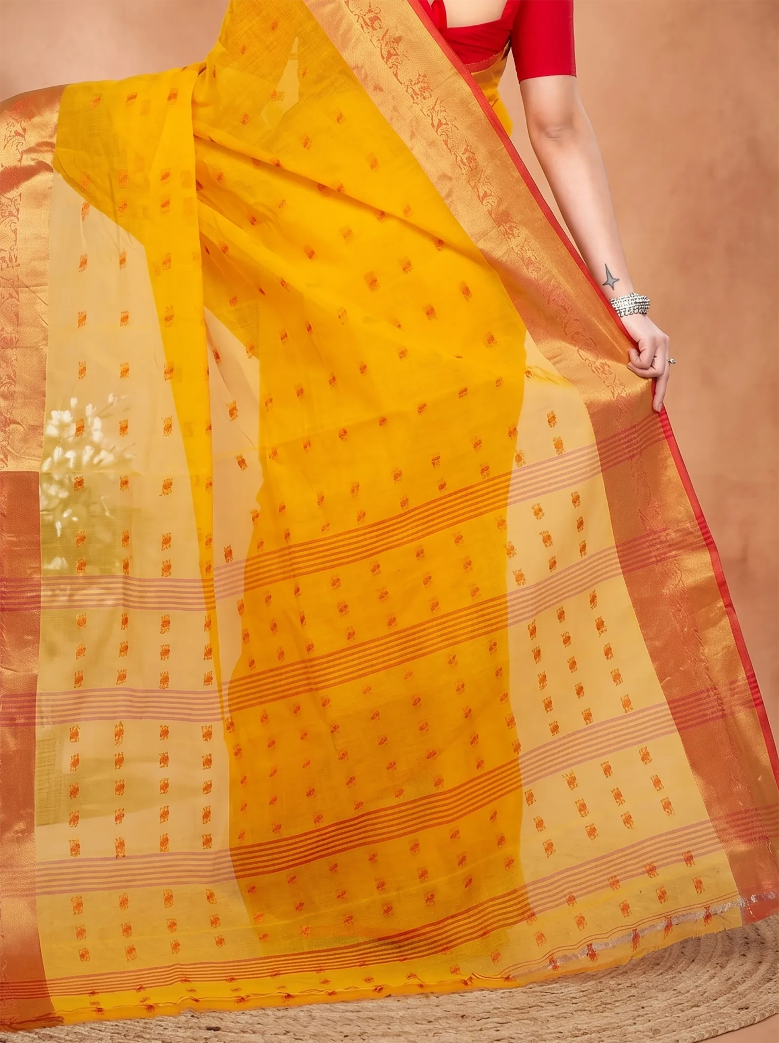 DipDiya Pure Cotton  Artisan Crafted Yellow Traditional Bengali Churi Par Tant Saree