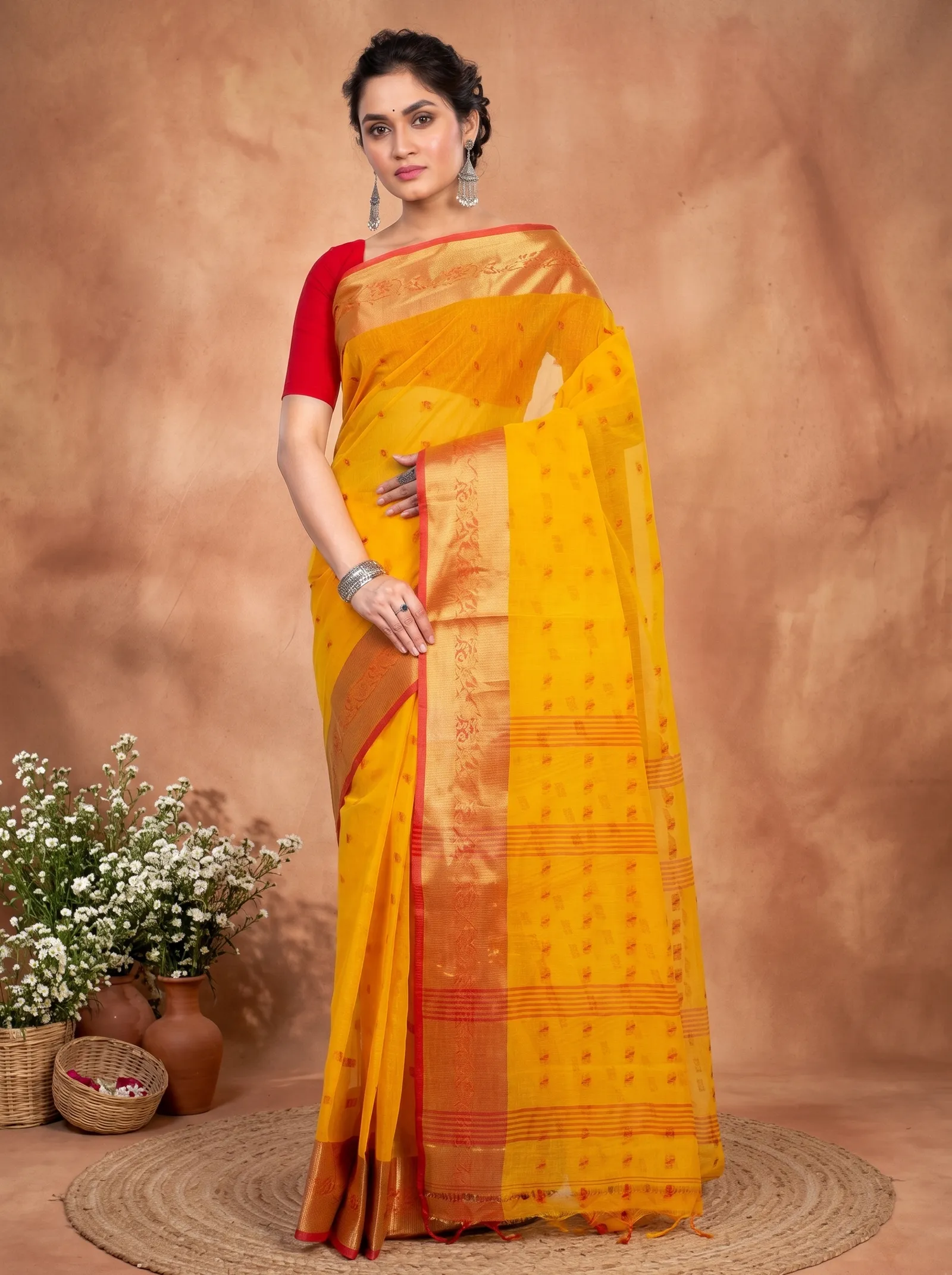 DipDiya Pure Cotton  Artisan Crafted Yellow Traditional Bengali Churi Par Tant Saree