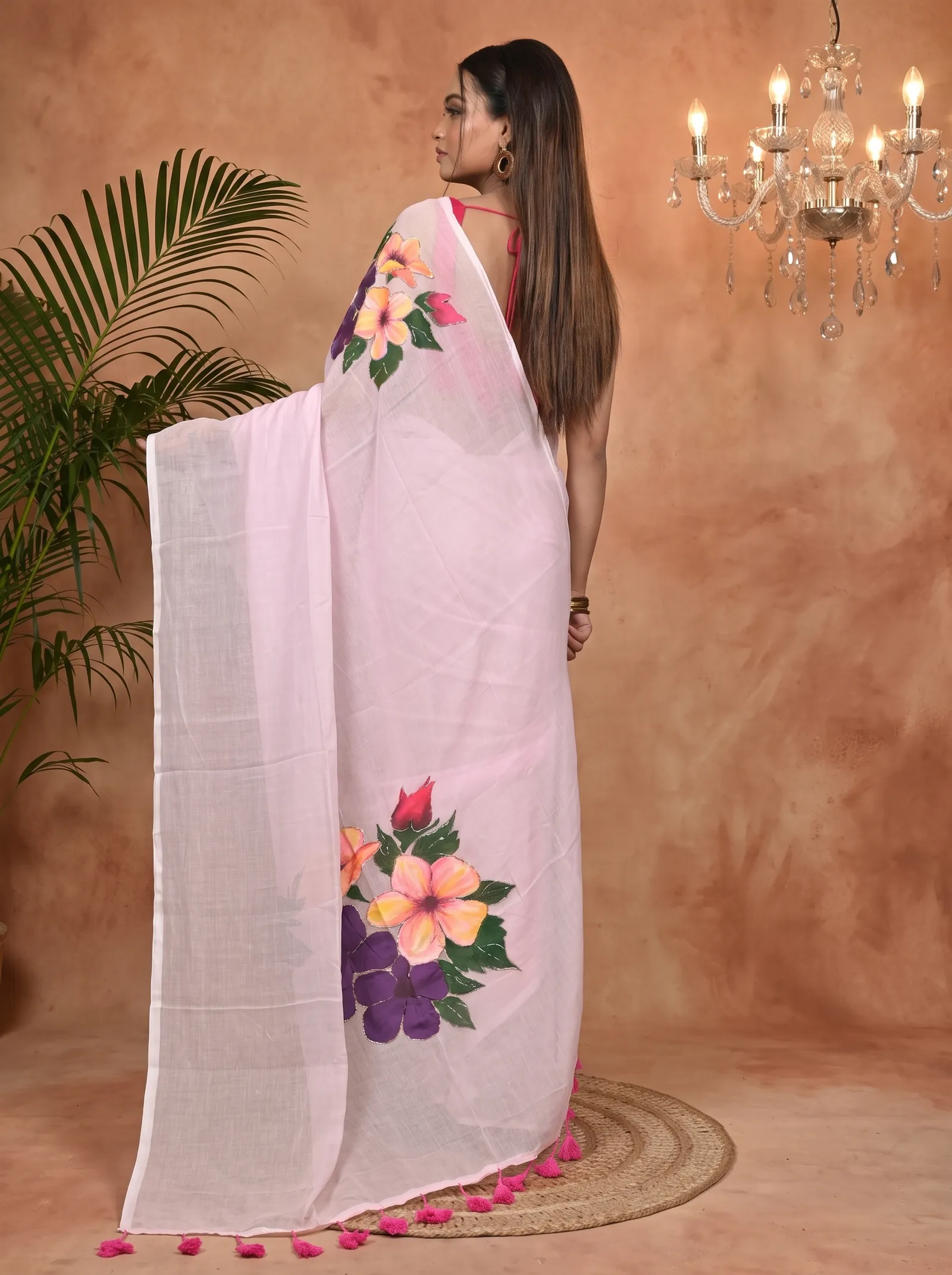 DipDiya Pure Cotton Baby Pink Norika Handcrafted Elegance Hand Painted Sarees