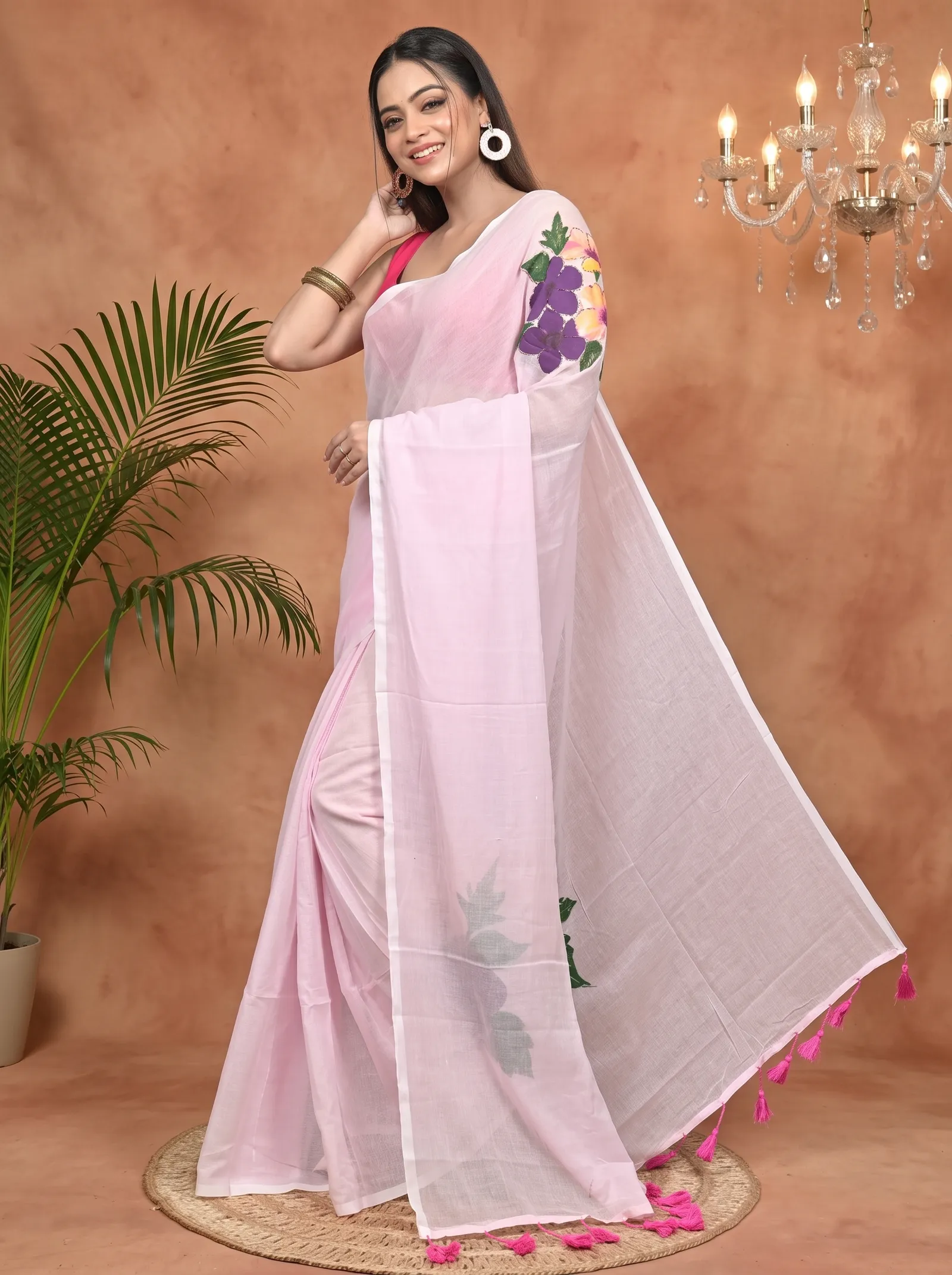 DipDiya Pure Cotton Baby Pink Norika Handcrafted Elegance Hand Painted Sarees