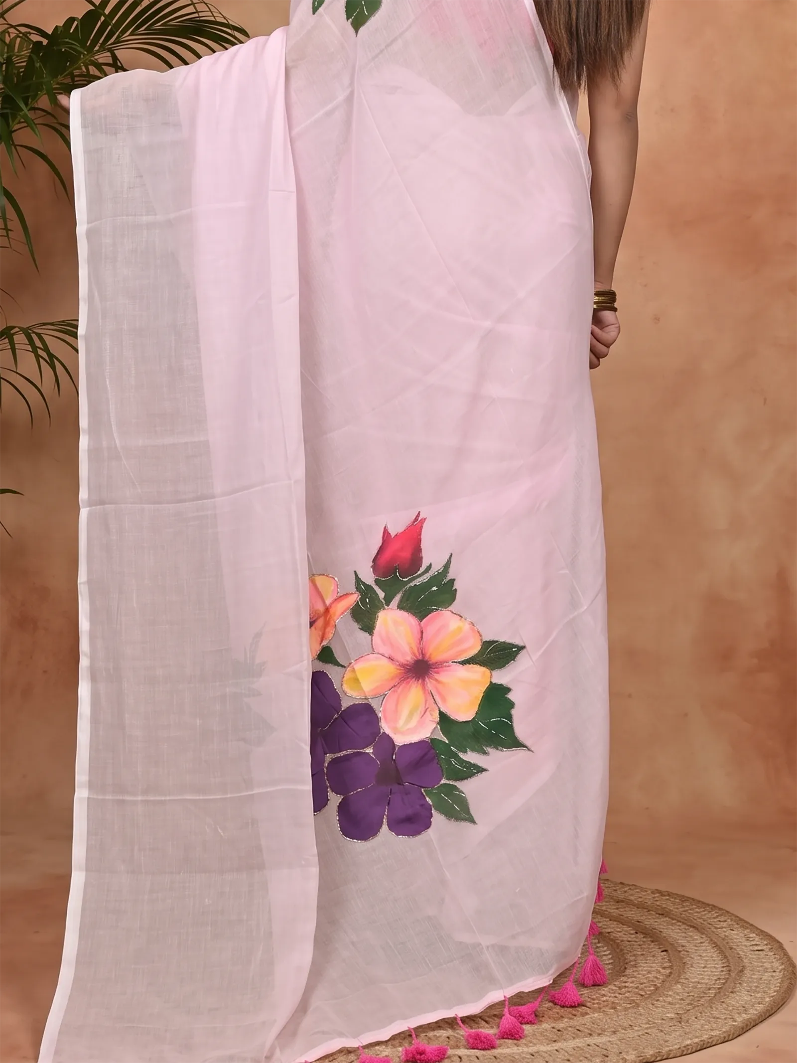 DipDiya Pure Cotton Baby Pink Norika Handcrafted Elegance Hand Painted Sarees