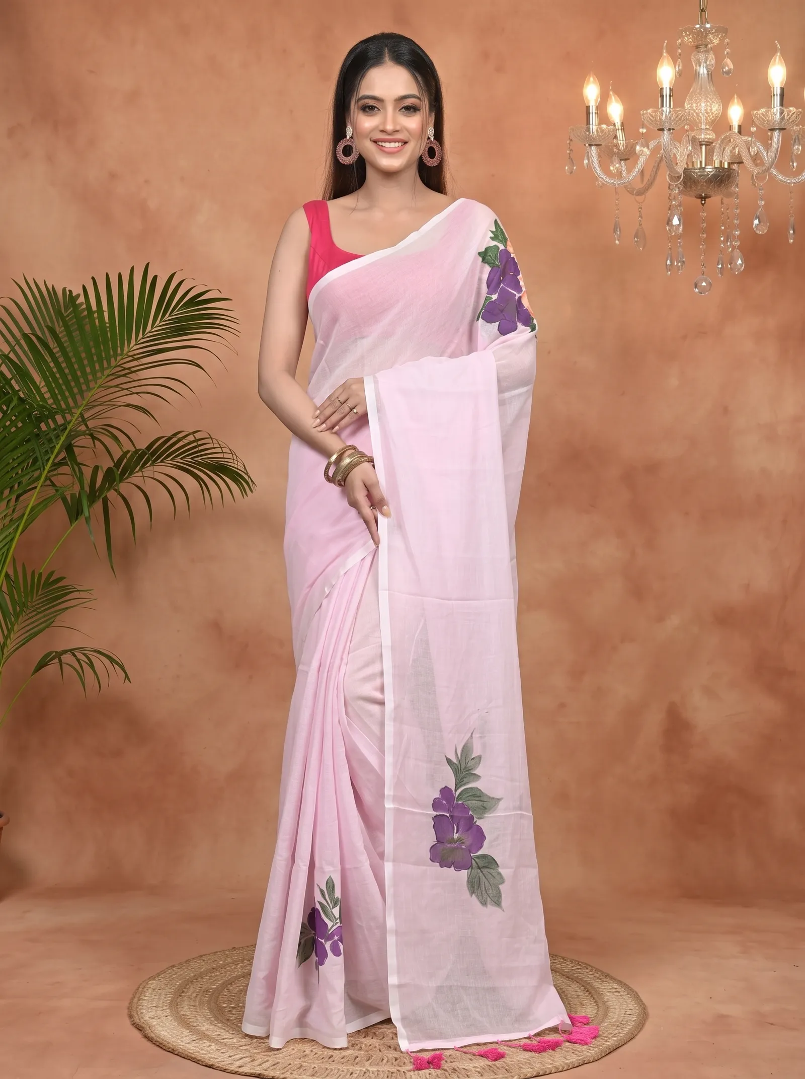 DipDiya Pure Cotton Baby Pink Norika Handcrafted Elegance Hand Painted Sarees