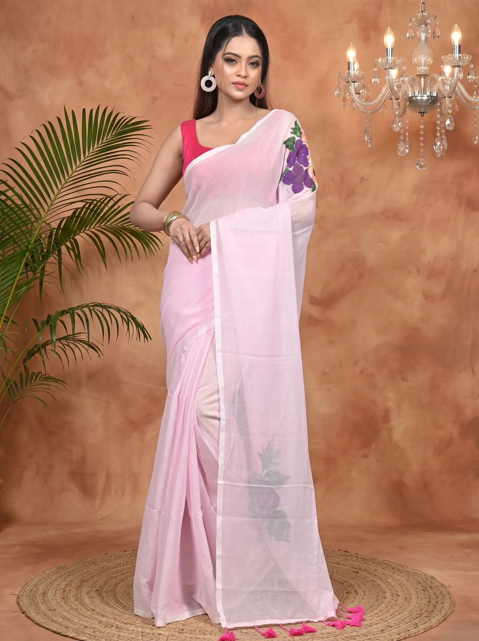 DipDiya Pure Cotton Baby Pink Norika Handcrafted Elegance Hand Painted Sarees