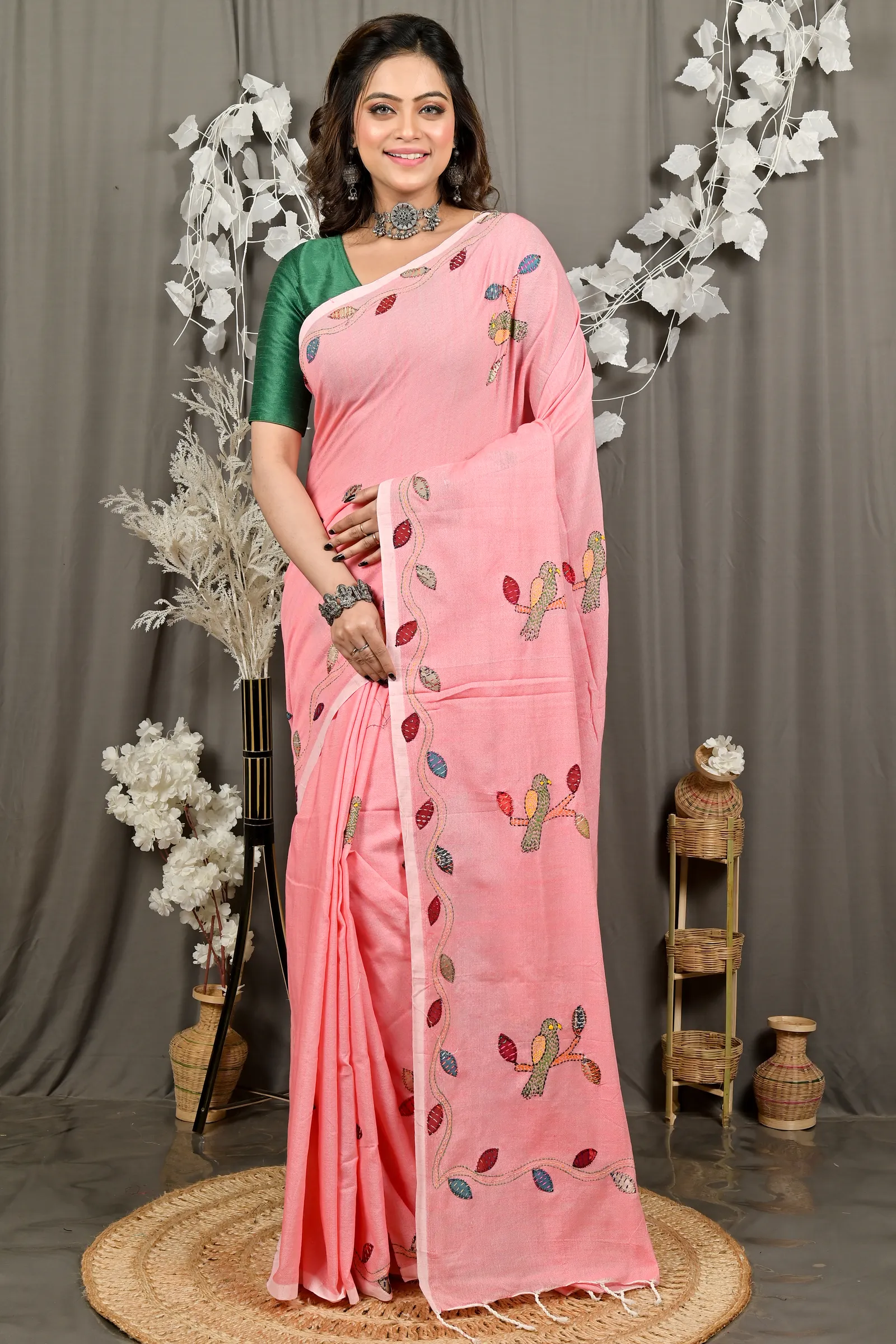 DipDiya Pure Cotton Baby Pink Pakhi Heritage You Can Wear Kantha Stitch Sarees