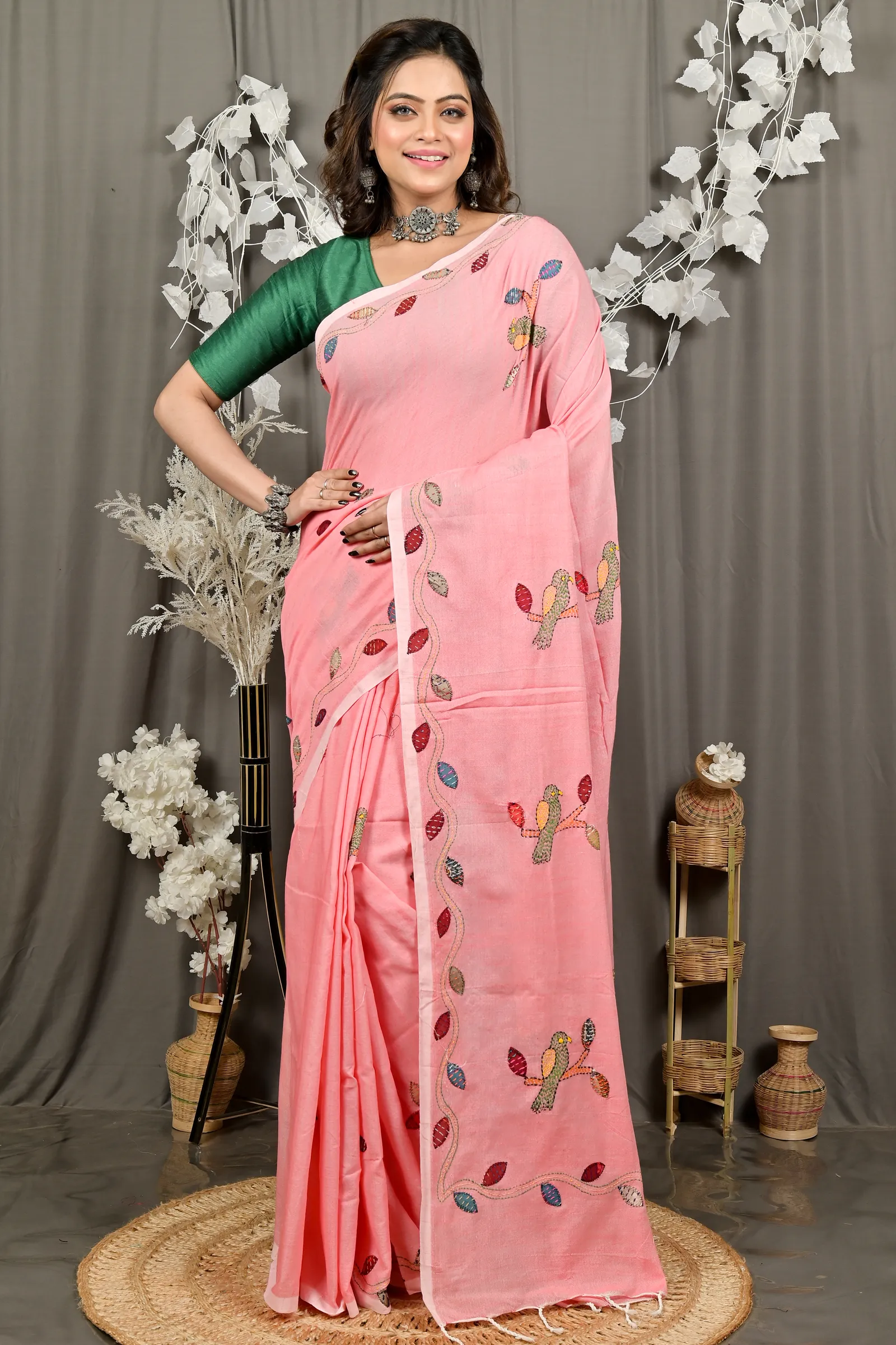 DipDiya Pure Cotton Baby Pink Pakhi Heritage You Can Wear Kantha Stitch Sarees