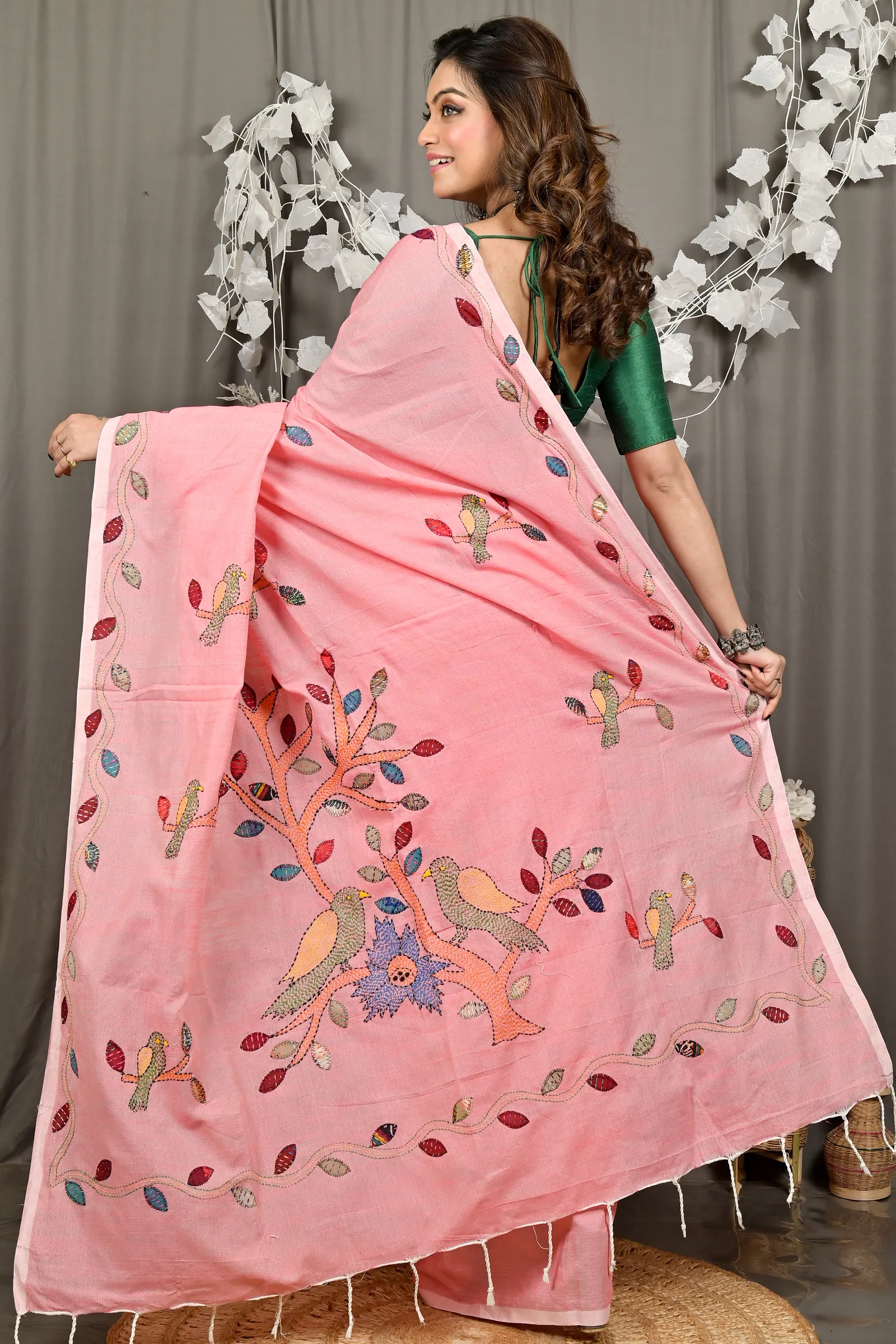 DipDiya Pure Cotton Baby Pink Pakhi Heritage You Can Wear Kantha Stitch Sarees