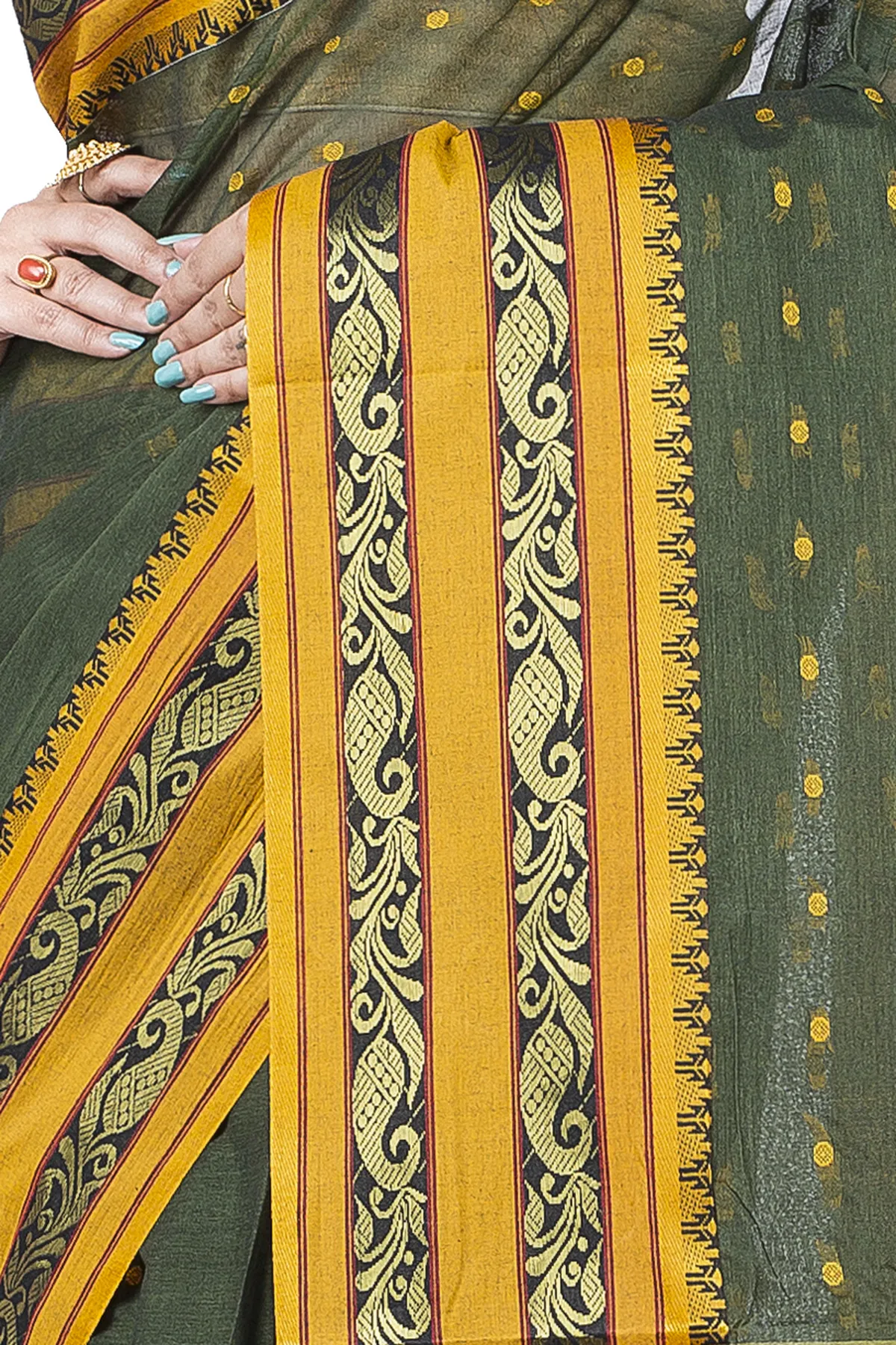 DipDiya Pure Cotton Beige Alpona Handcrafted Elegance Tant Sarees