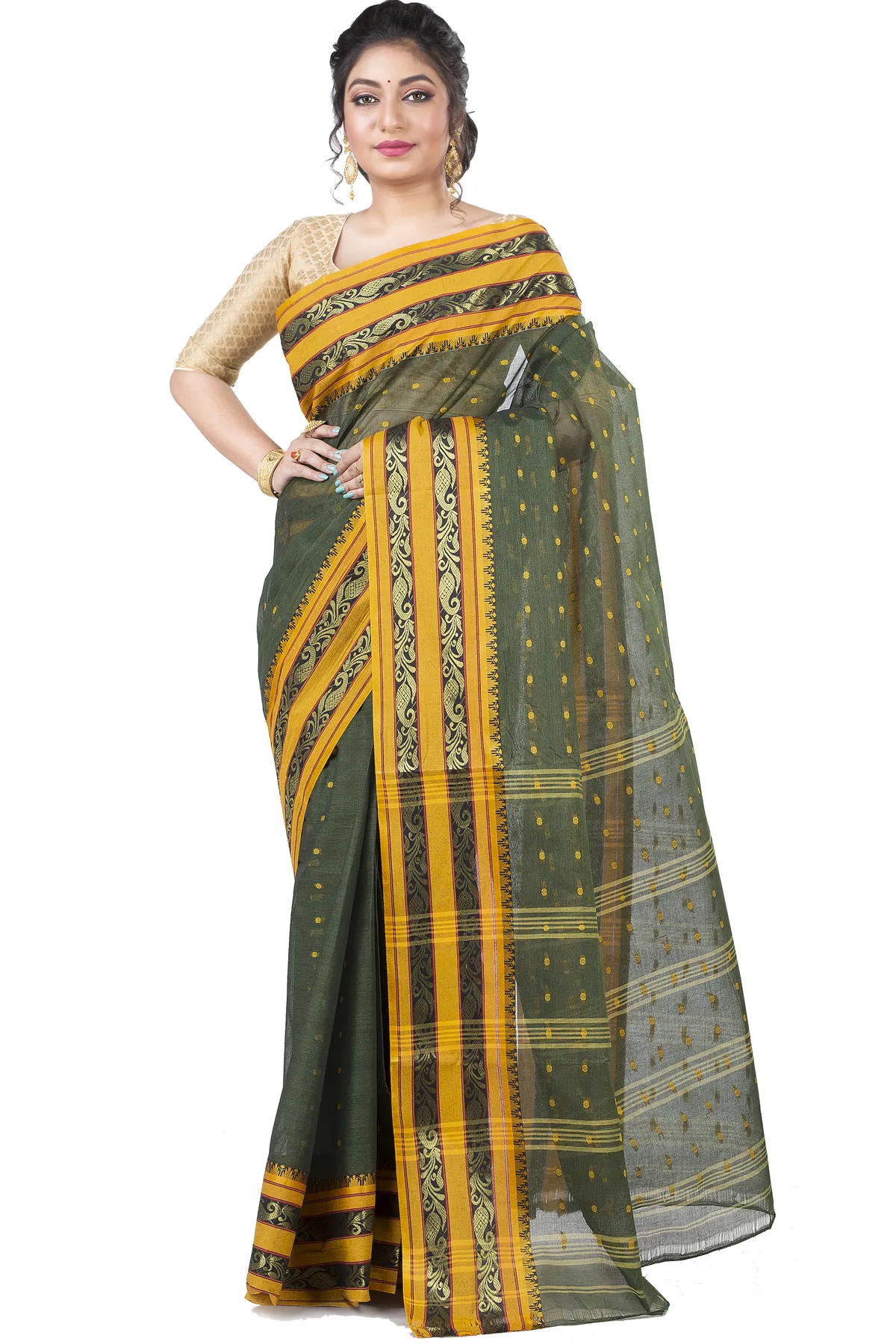 DipDiya Pure Cotton Beige Alpona Handcrafted Elegance Tant Sarees