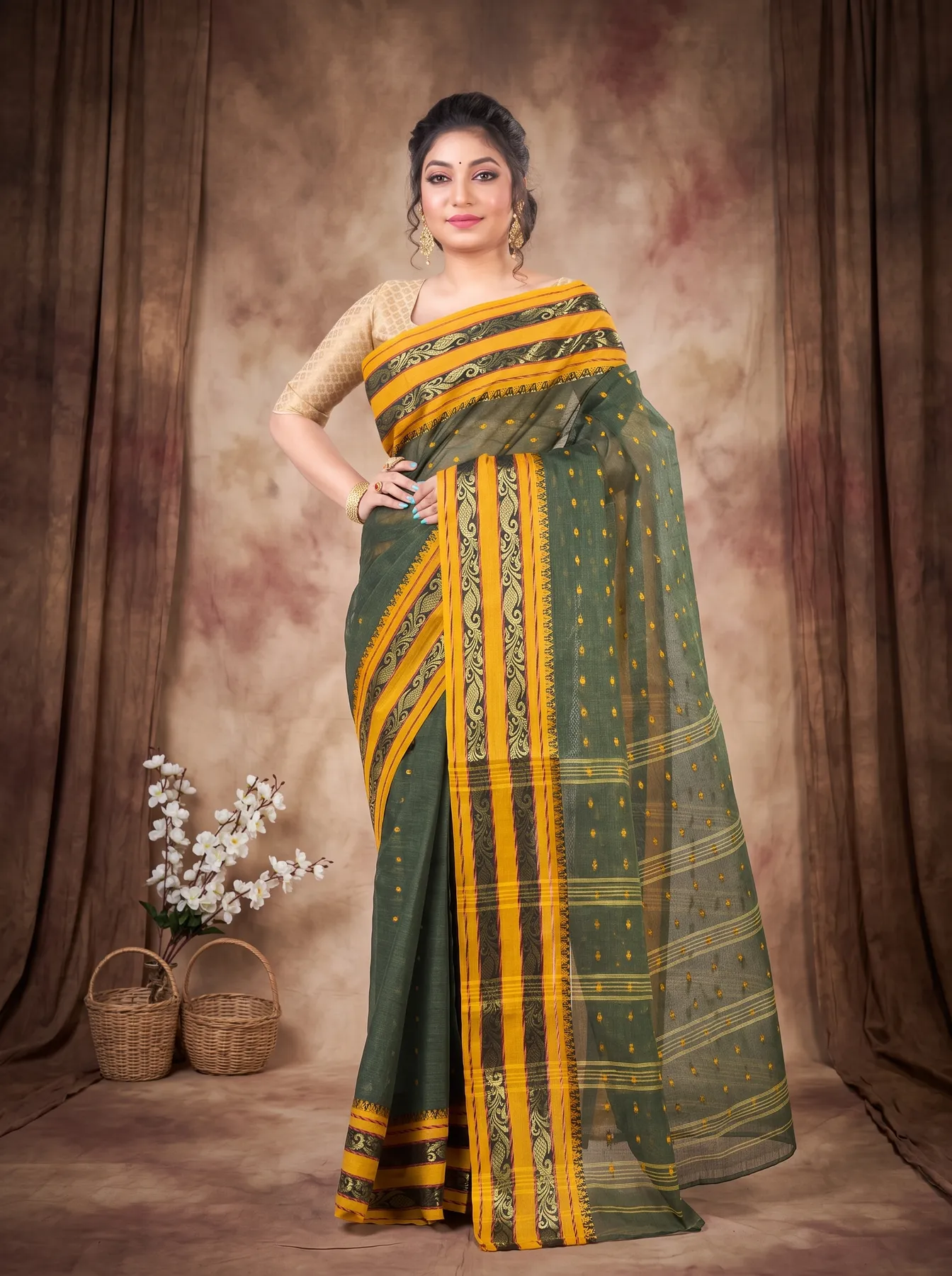 DipDiya Pure Cotton Beige Alpona Handcrafted Elegance Tant Sarees