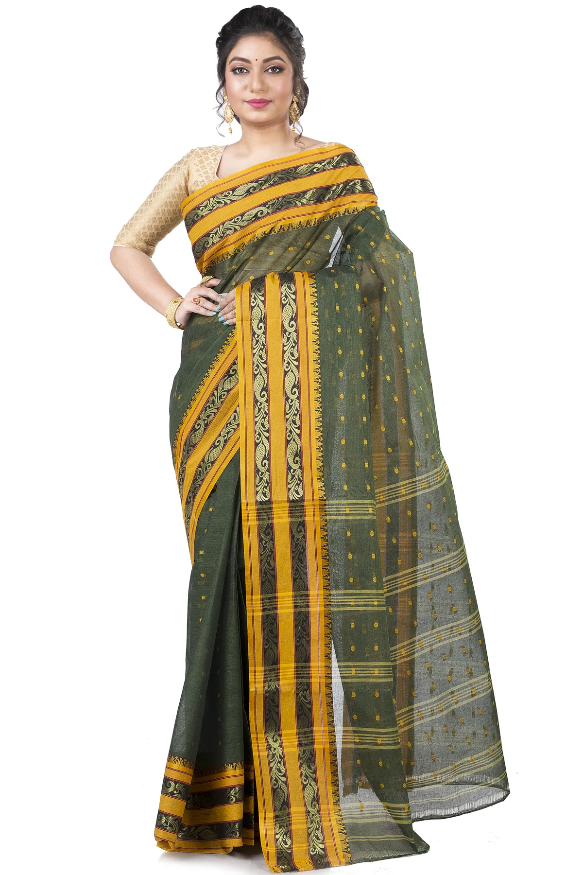DipDiya Pure Cotton Beige Alpona Handcrafted Elegance Tant Sarees