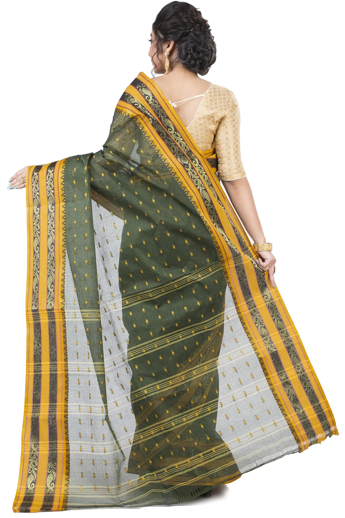 DipDiya Pure Cotton Beige Alpona Handcrafted Elegance Tant Sarees