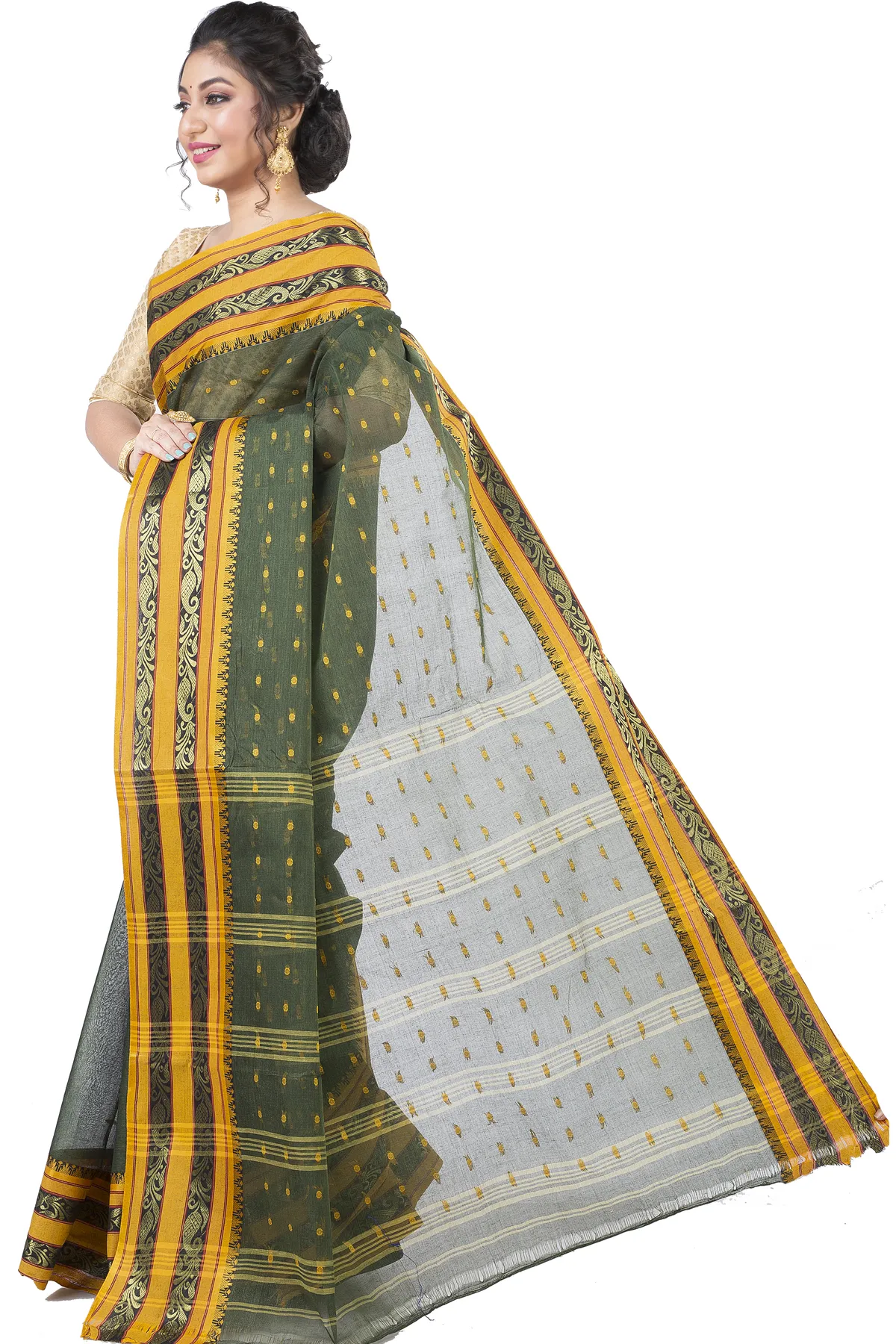 DipDiya Pure Cotton Beige Alpona Handcrafted Elegance Tant Sarees