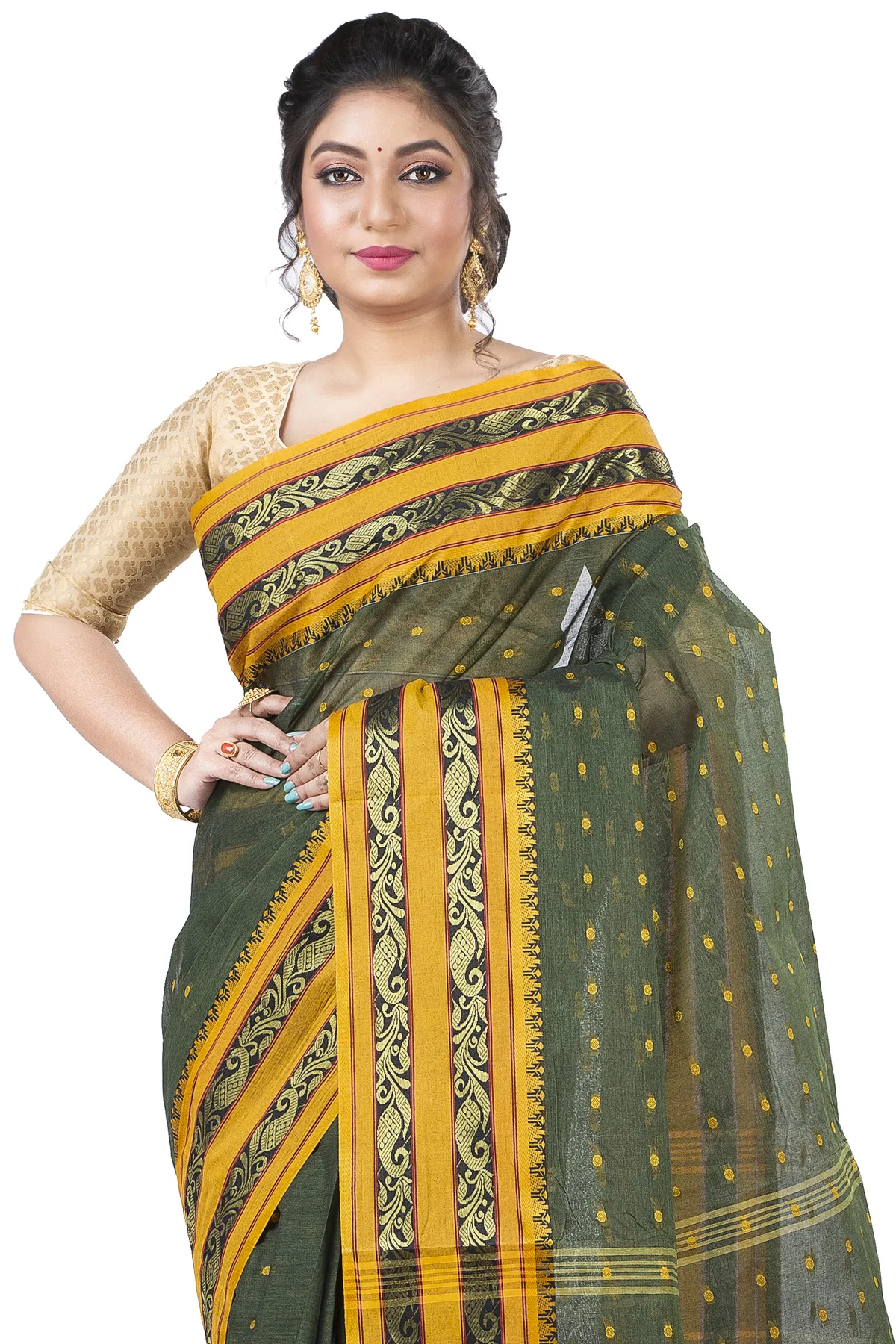 DipDiya Pure Cotton Beige Alpona Handcrafted Elegance Tant Sarees