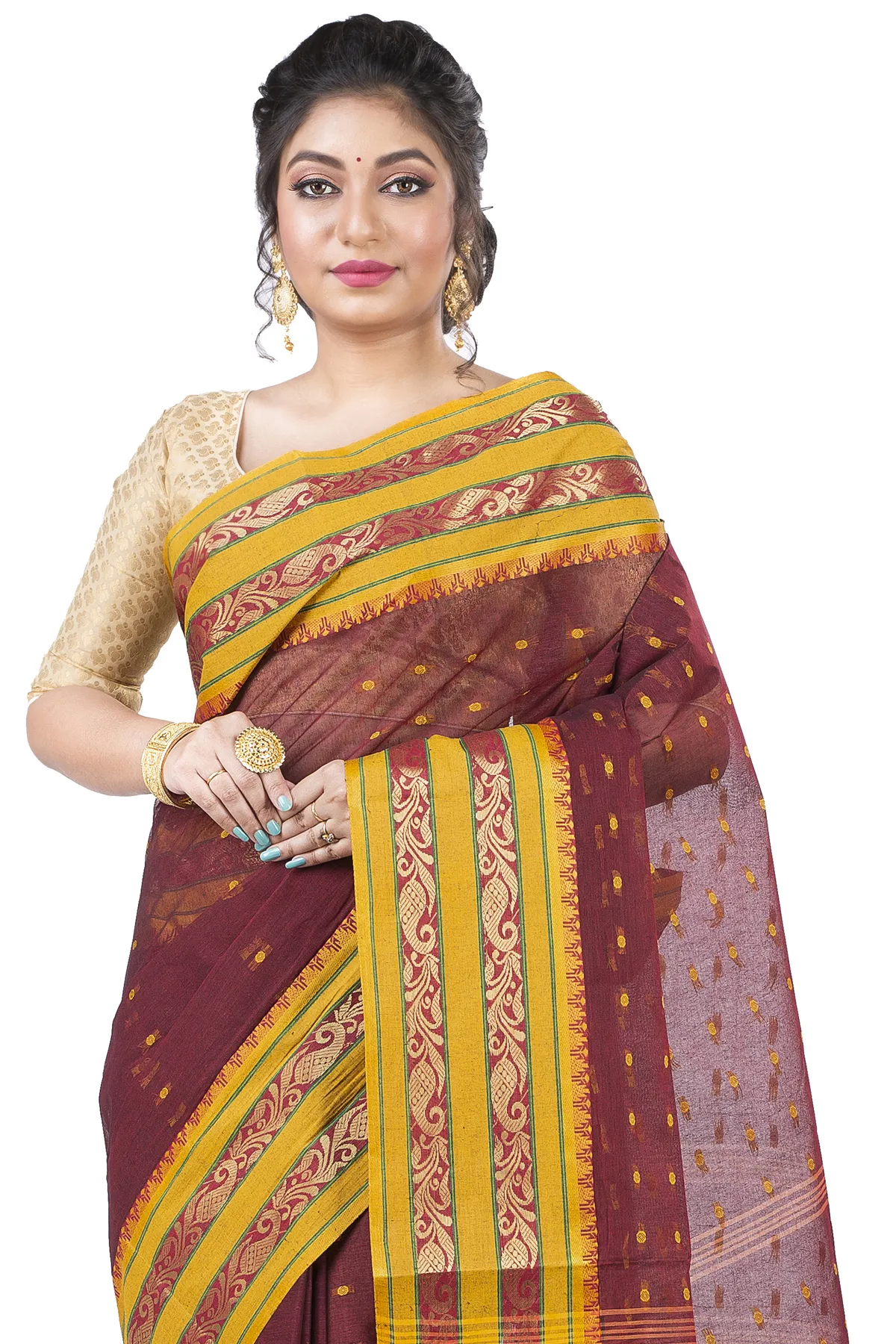 DipDiya Pure Cotton Beige Alpona Handloom Heritage Tant Sarees