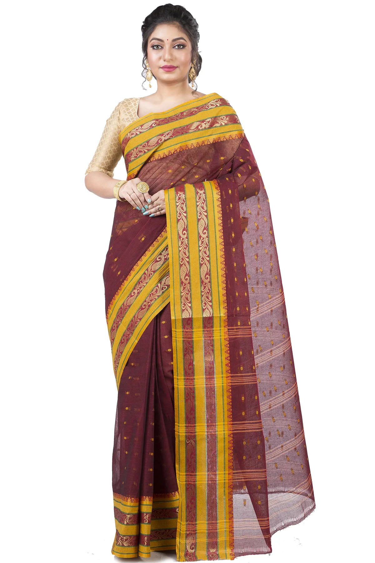 DipDiya Pure Cotton Beige Alpona Handloom Heritage Tant Sarees