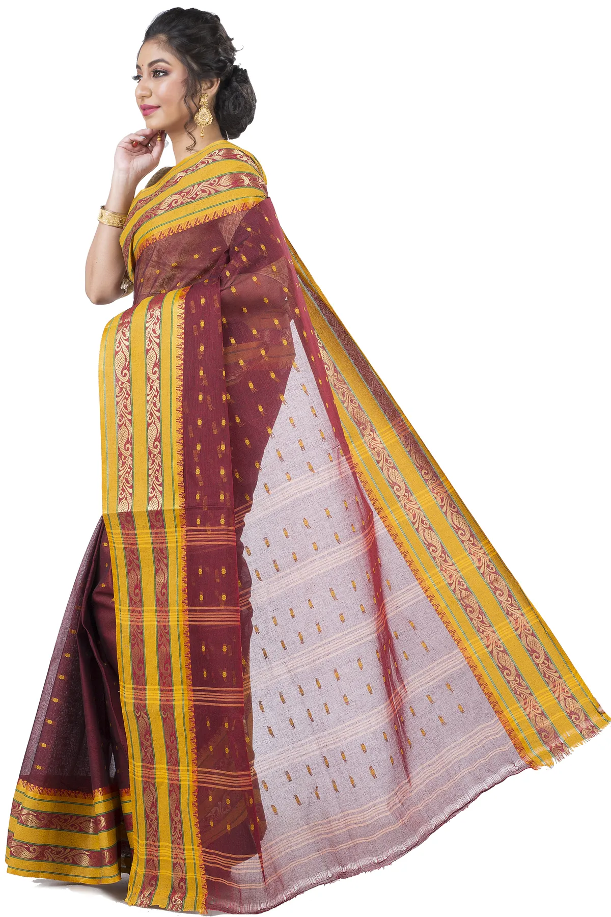 DipDiya Pure Cotton Beige Alpona Handloom Heritage Tant Sarees