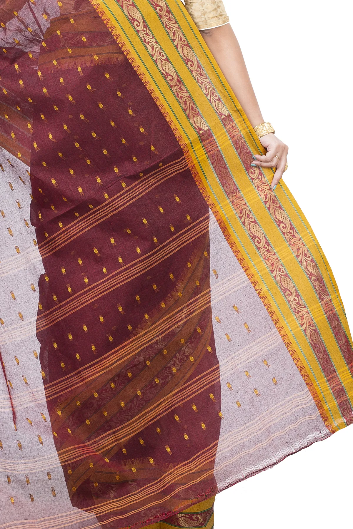 DipDiya Pure Cotton Beige Alpona Handloom Heritage Tant Sarees