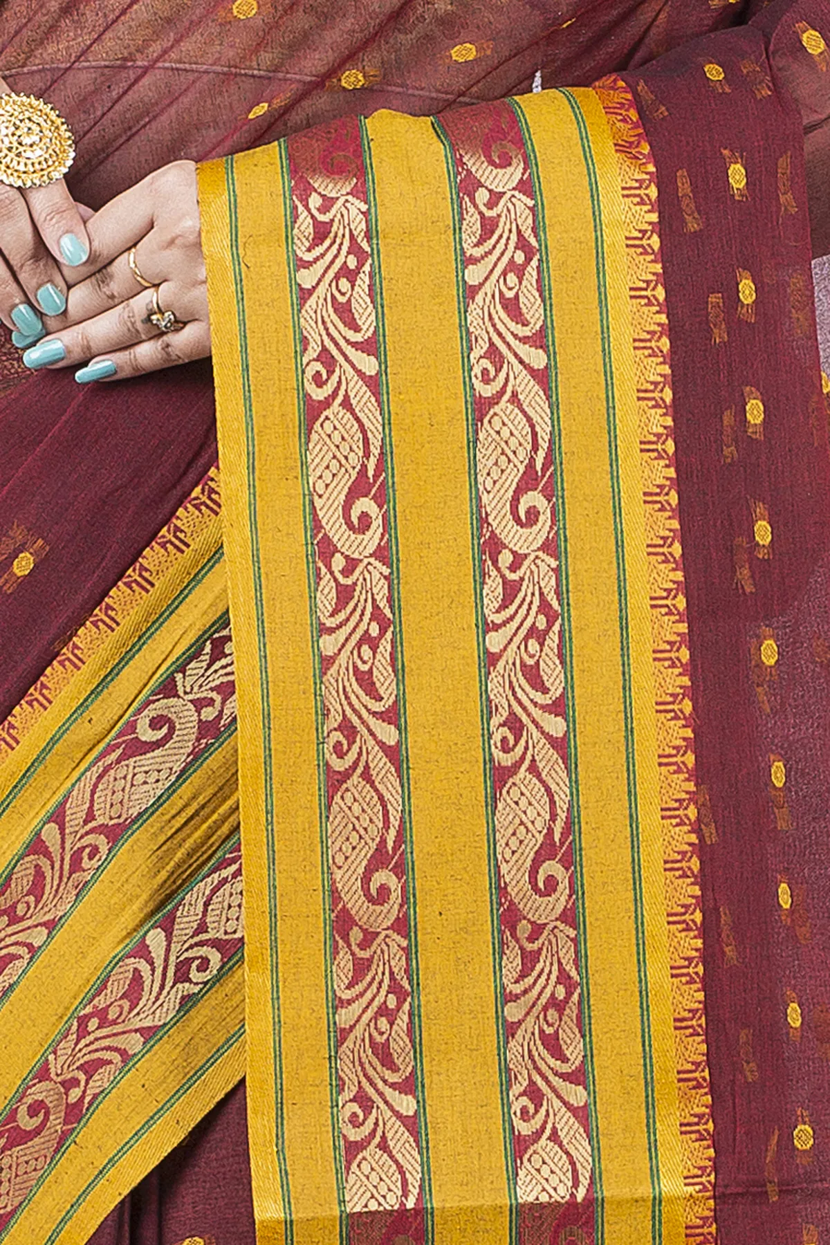 DipDiya Pure Cotton Beige Alpona Handloom Heritage Tant Sarees