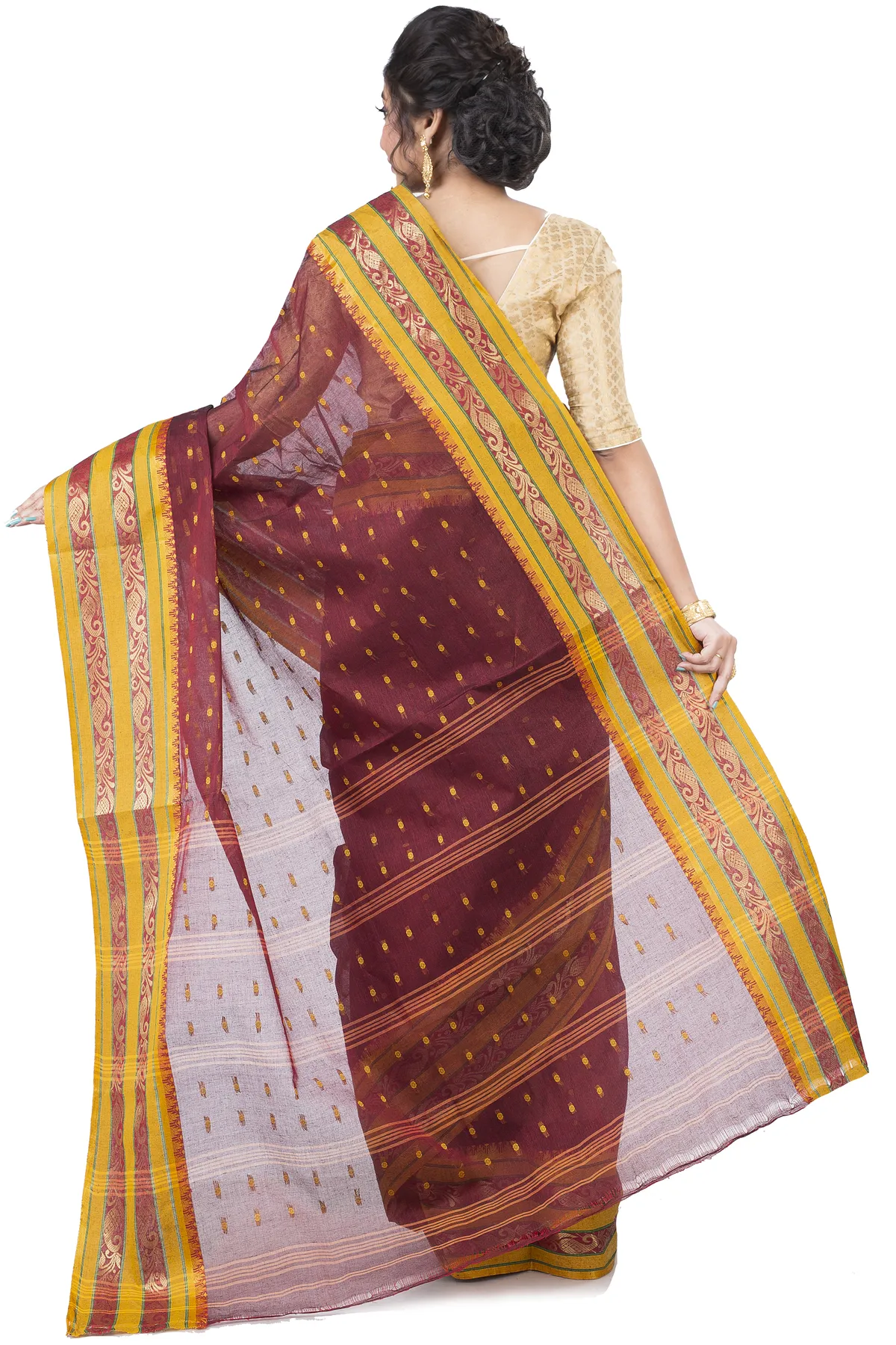 DipDiya Pure Cotton Beige Alpona Handloom Heritage Tant Sarees