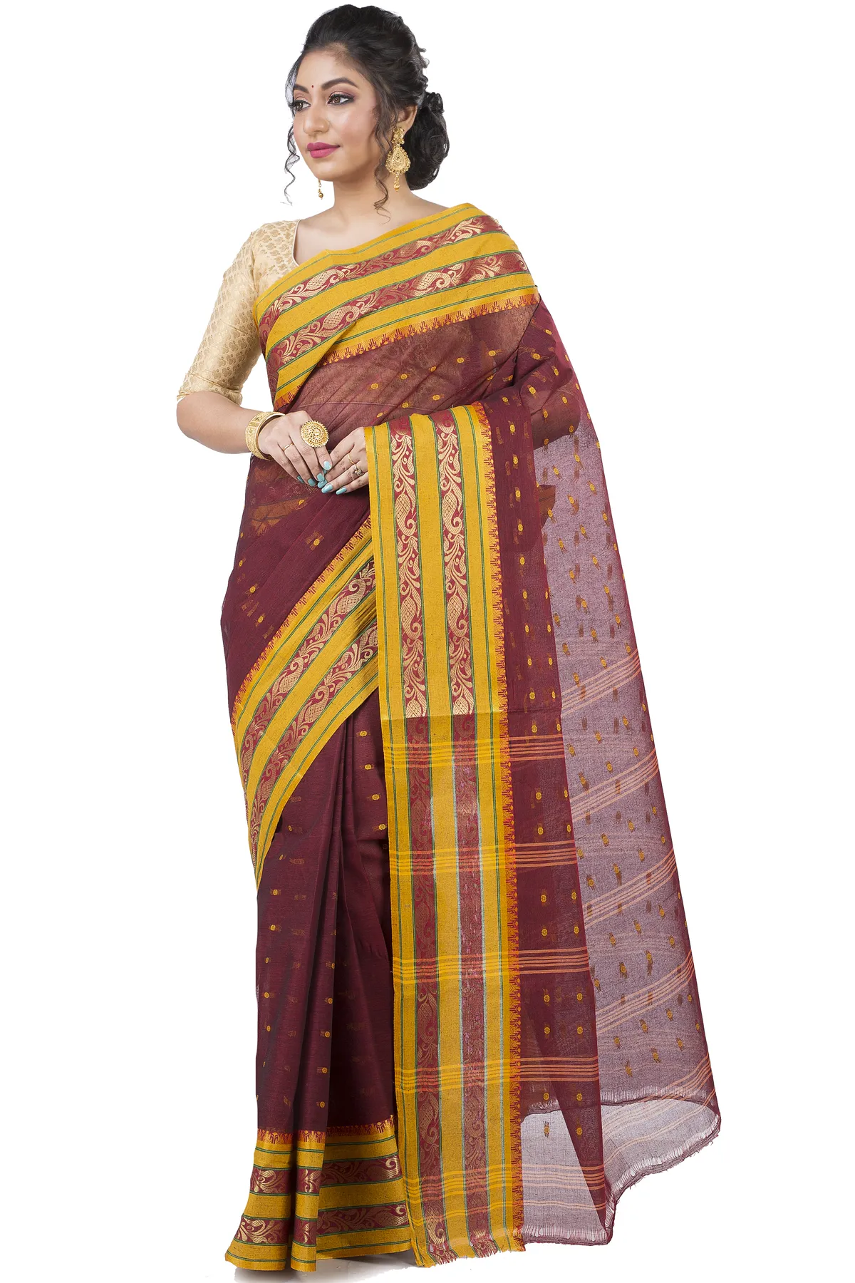 DipDiya Pure Cotton Beige Alpona Handloom Heritage Tant Sarees