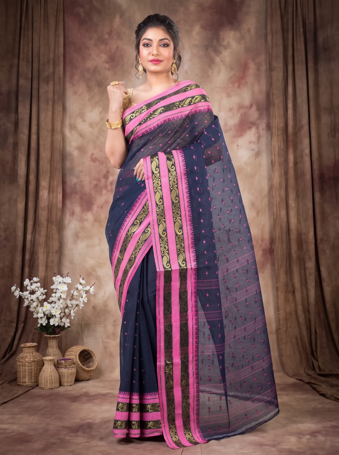 DipDiya Pure Cotton Beige Alpona Heritage Elegance Tant Sarees
