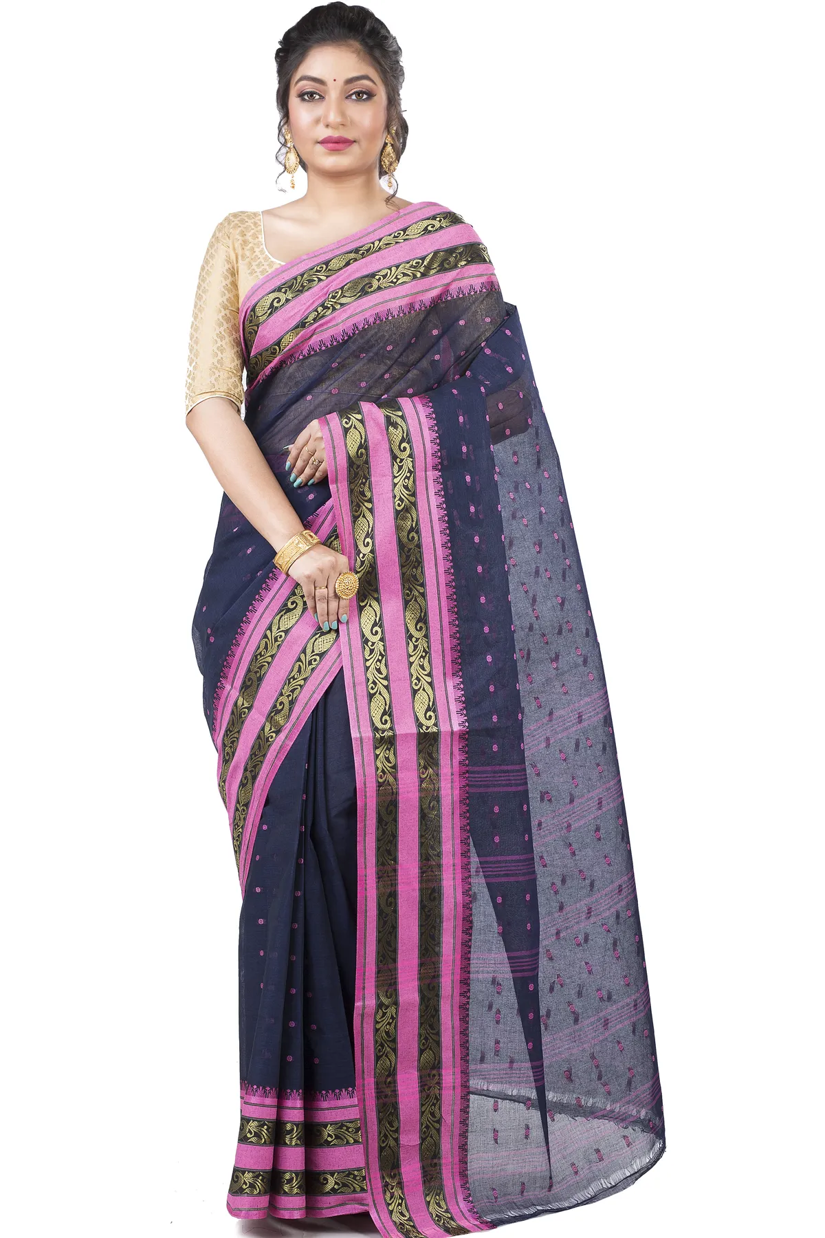 DipDiya Pure Cotton Beige Alpona Heritage Elegance Tant Sarees