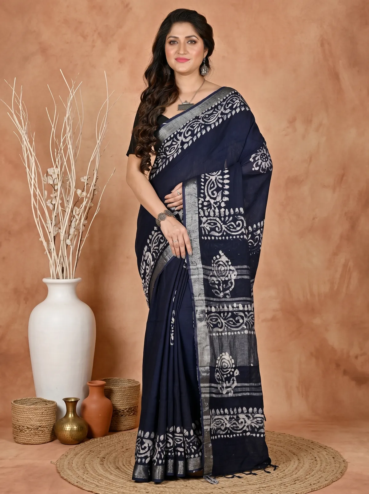 DipDiya Pure Cotton Black Batika Boll Loom to Love Batik Print Sarees