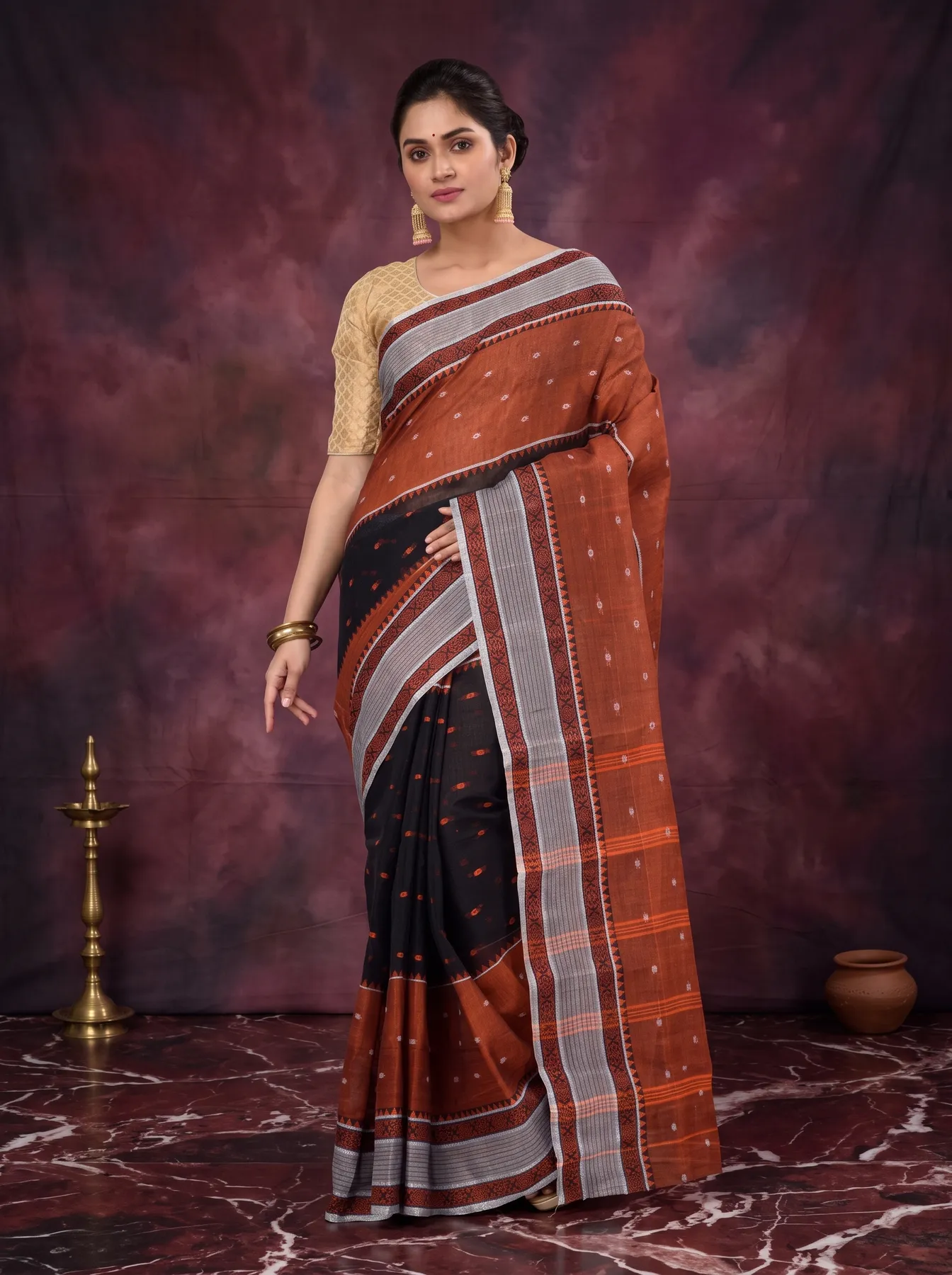 DipDiya Pure Cotton Black Debdash Woven with Tradition Tant Sarees