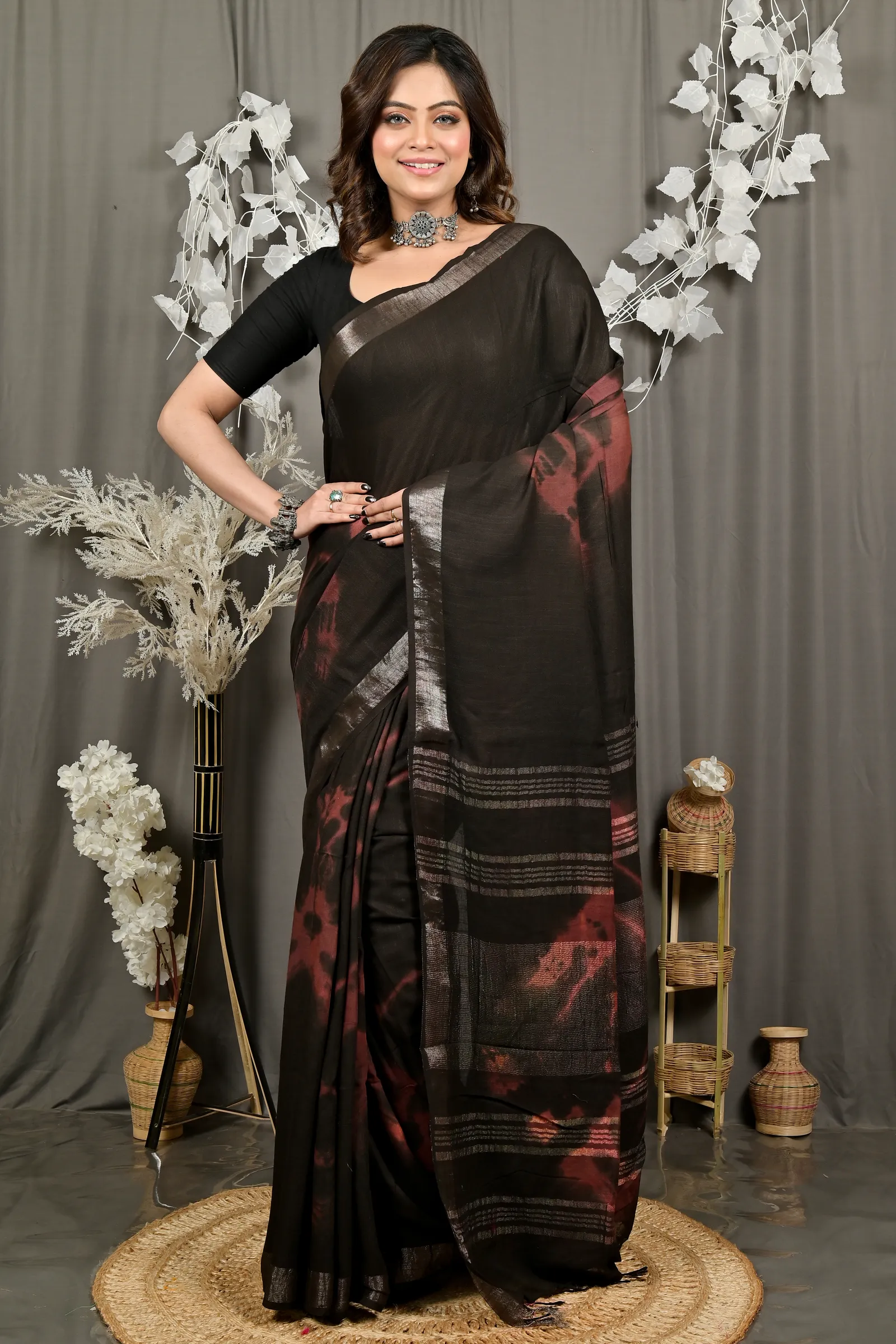 DipDiya Pure Cotton Black Finui Rooted in Bengal Handloom Sarees