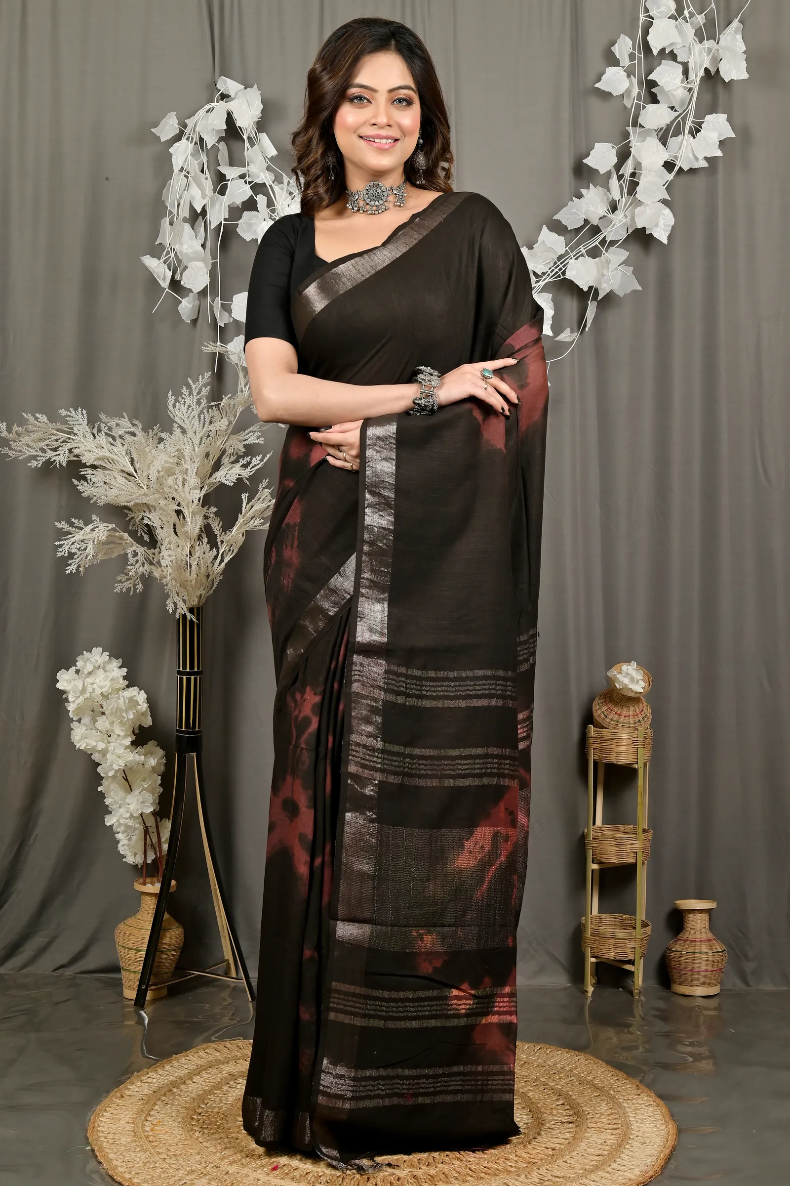 DipDiya Pure Cotton Black Finui Rooted in Bengal Handloom Sarees