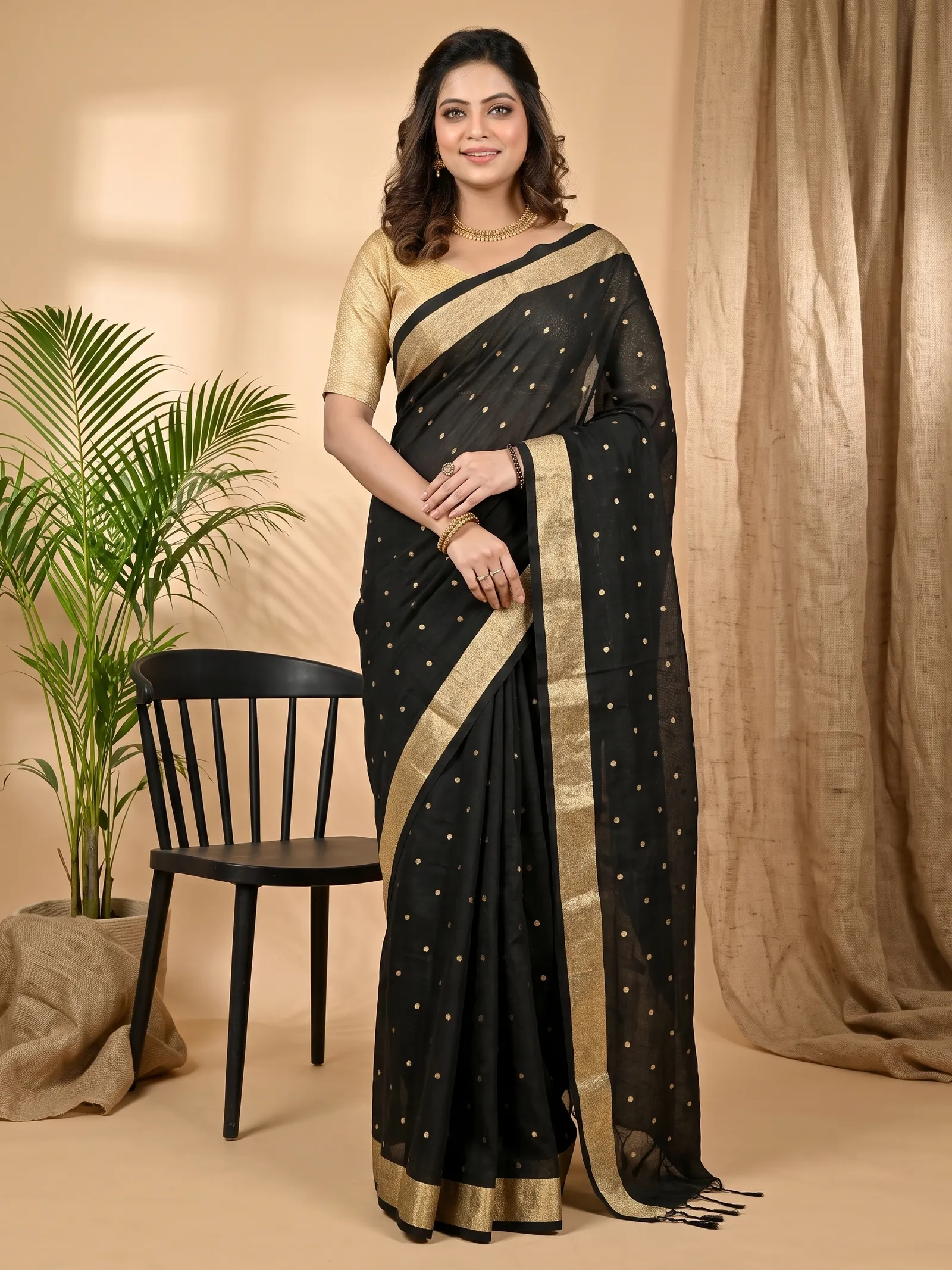 DipDiya Pure Cotton Black Foyma Threads of Tradition Printed Tant Sarees